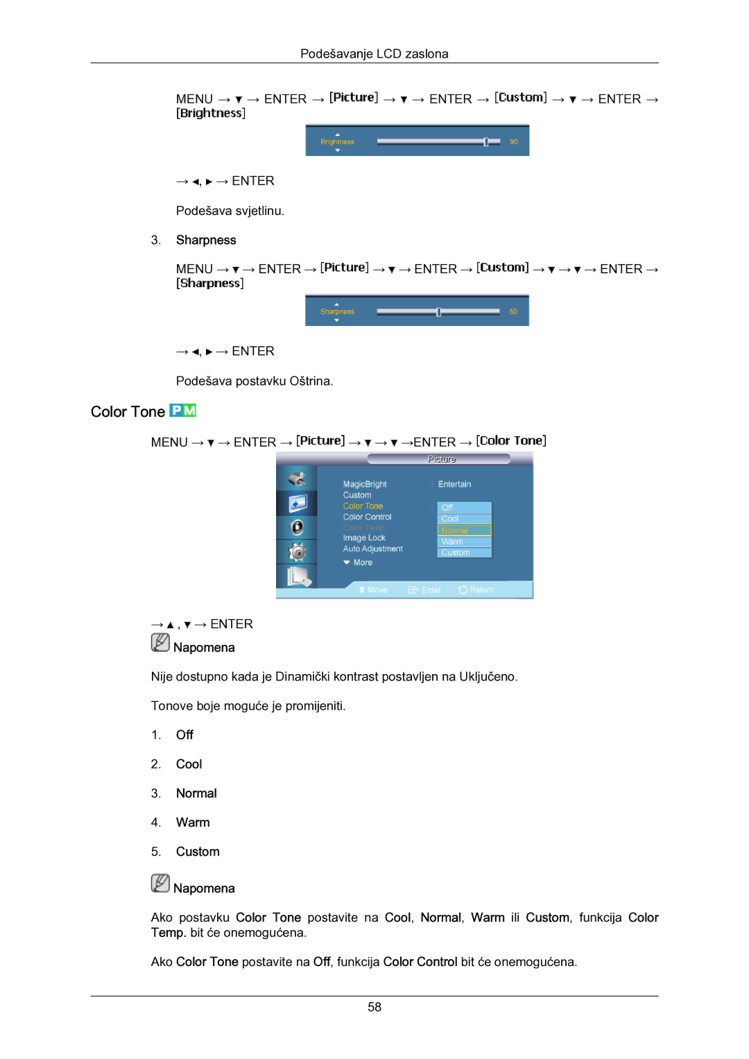 Samsung LH55LBPLBC/EN manual Color Tone, Sharpness, Off Cool Normal Warm Custom Napomena 