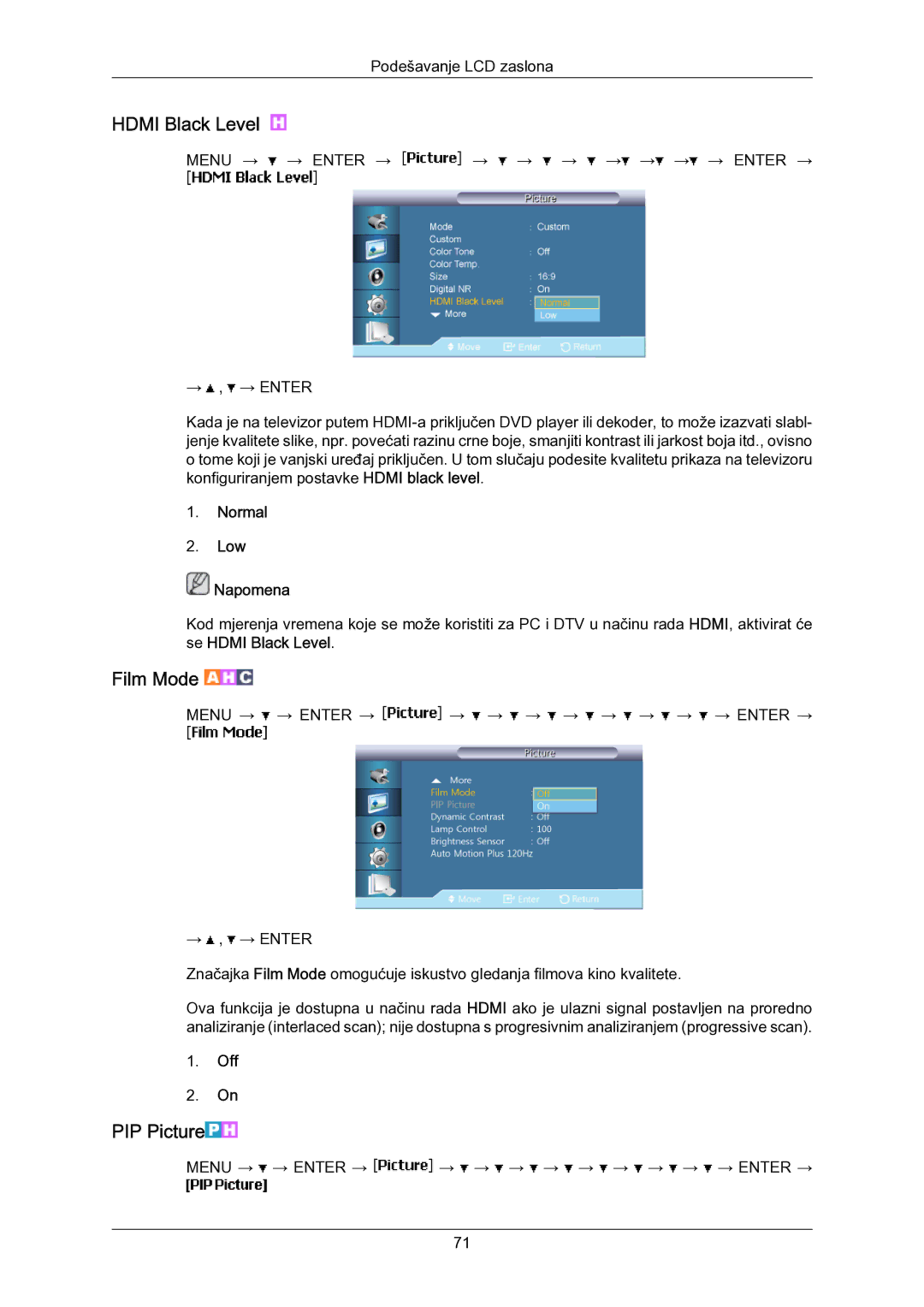 Samsung LH55LBPLBC/EN manual Hdmi Black Level, Film Mode 
