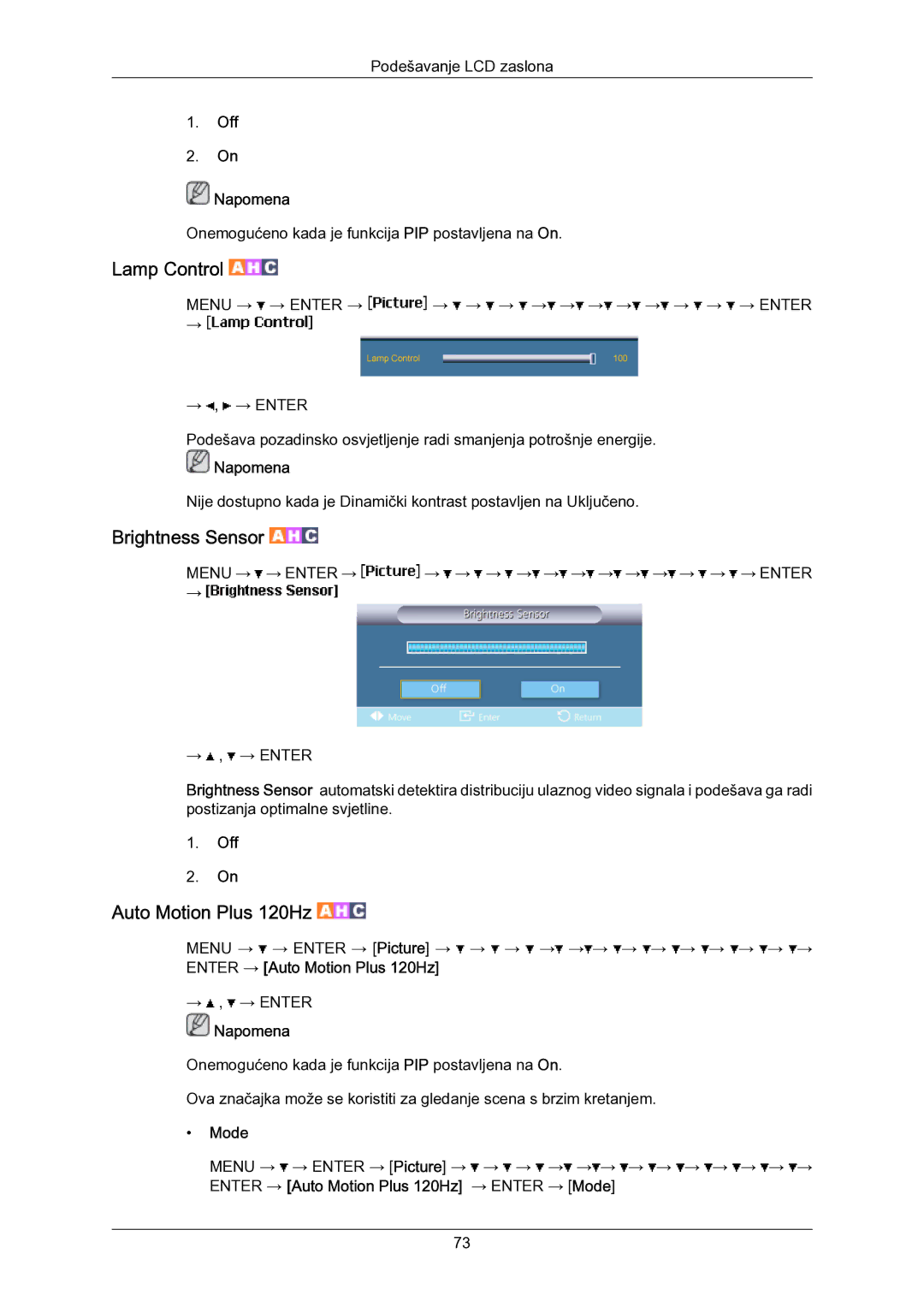Samsung LH55LBPLBC/EN manual Off Napomena, Enter → Auto Motion Plus 120Hz → Enter → Mode 