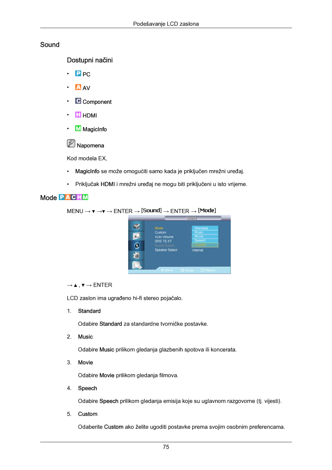 Samsung LH55LBPLBC/EN manual Sound Dostupni načini, Music, Speech 