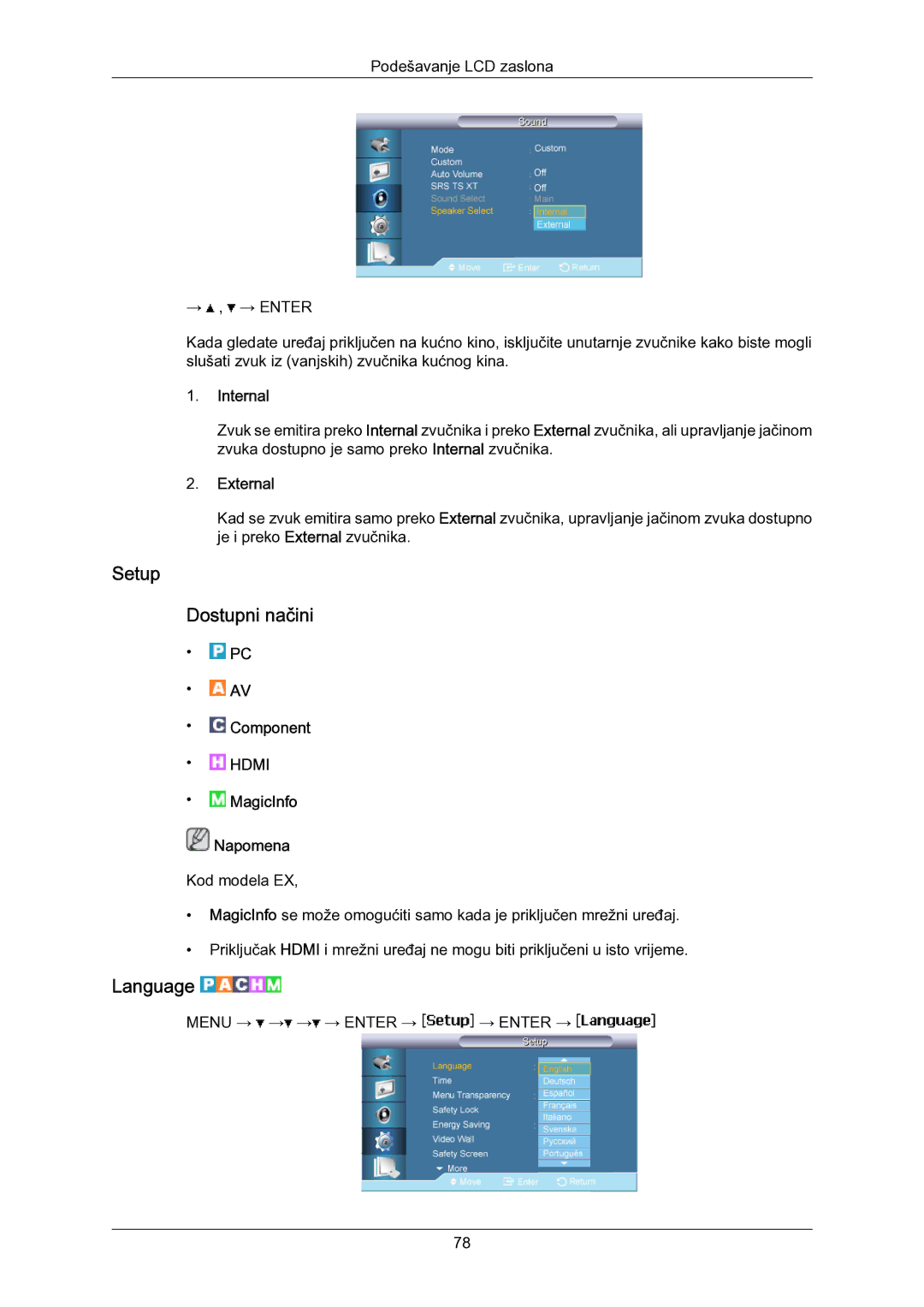 Samsung LH55LBPLBC/EN manual Setup Dostupni načini, Language, Internal, External 