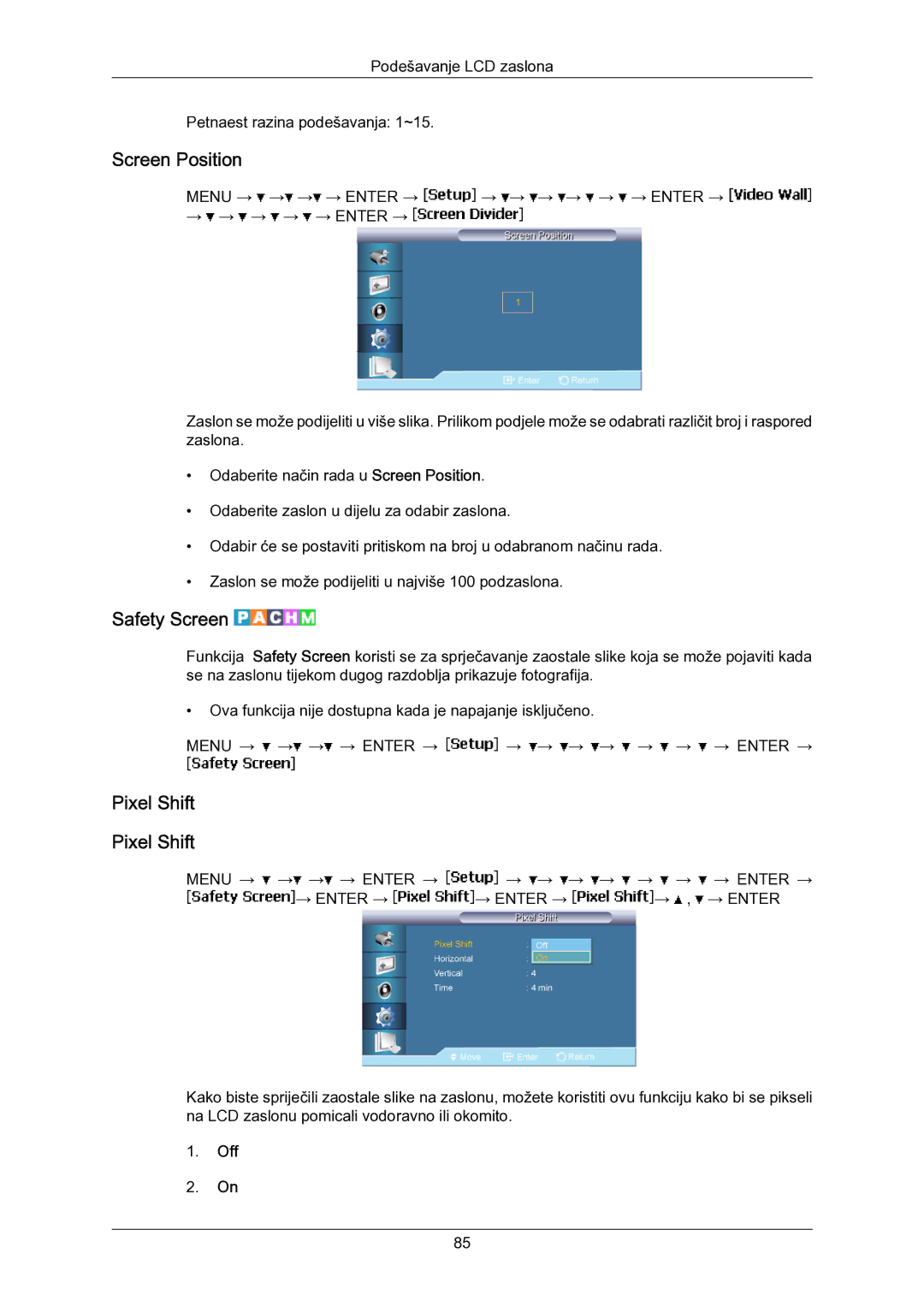 Samsung LH55LBPLBC/EN manual Screen Position, Safety Screen, Pixel Shift 