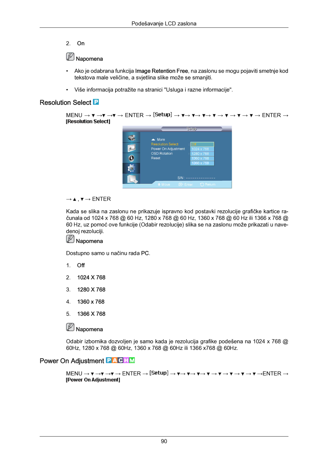 Samsung LH55LBPLBC/EN manual Resolution Select, Power On Adjustment, Off 1024 X 1280 X 1360 x 1366 X Napomena 