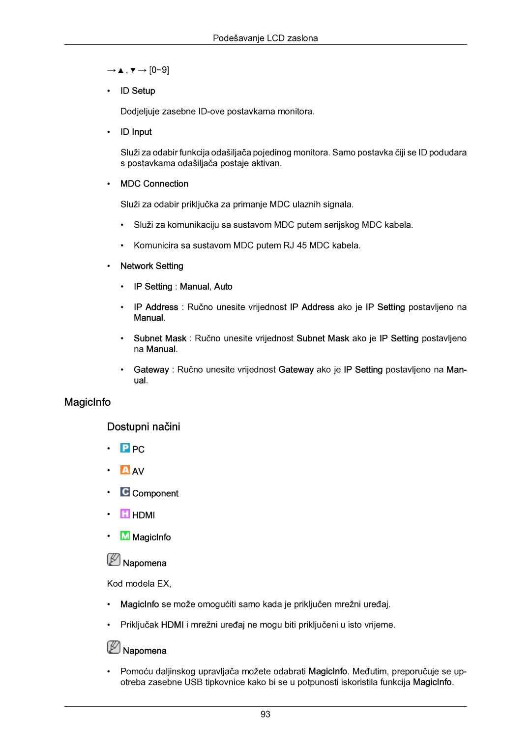 Samsung LH55LBPLBC/EN manual MagicInfo Dostupni načini, ID Setup, ID Input, MDC Connection 