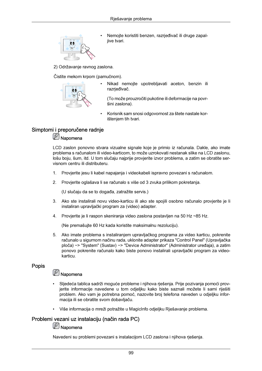 Samsung LH55LBPLBC/EN manual Simptomi i preporučene radnje, Popis, Problemi vezani uz instalaciju način rada PC 