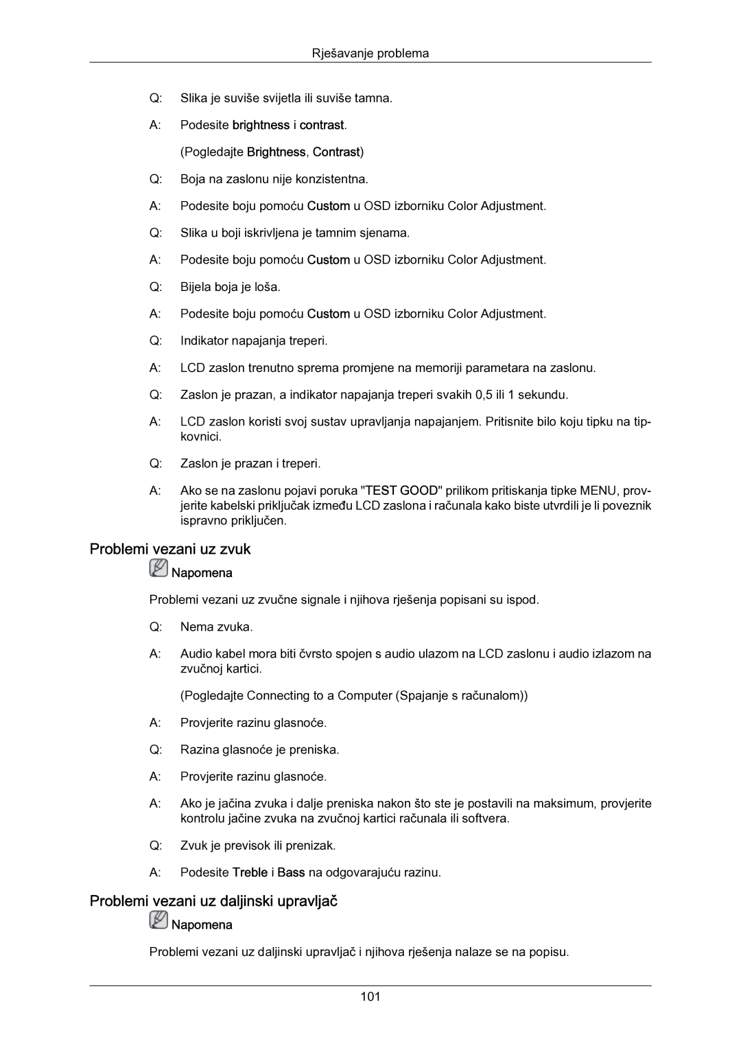 Samsung LH55LBPLBC/EN manual Problemi vezani uz zvuk, Problemi vezani uz daljinski upravljač 