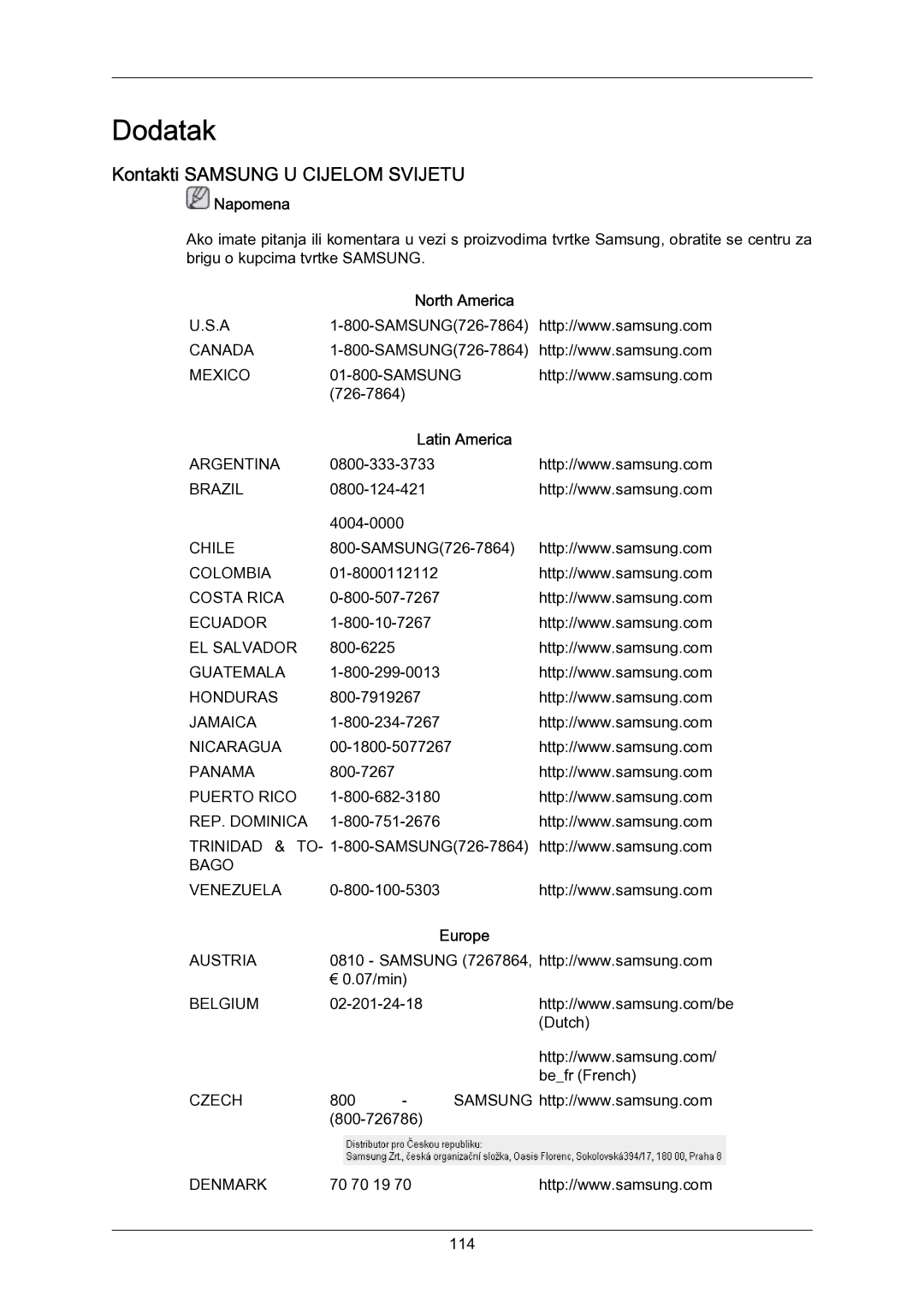 Samsung LH55LBPLBC/EN manual Kontakti Samsung U Cijelom Svijetu, North America, Latin America, Europe 