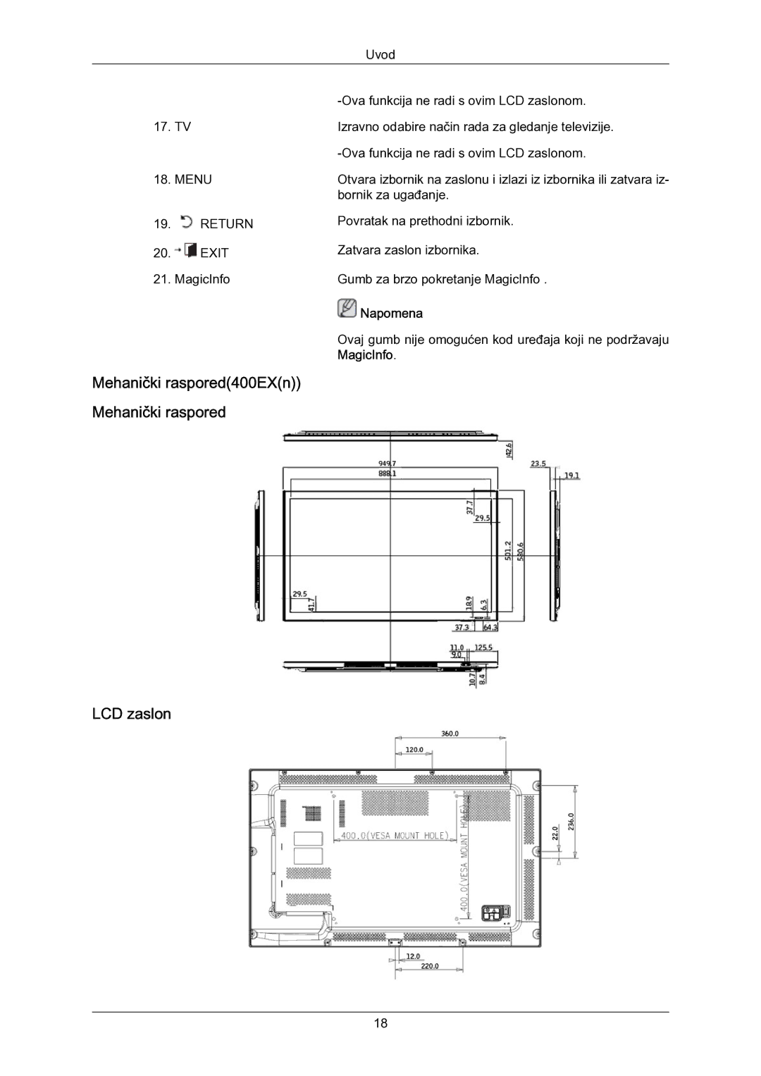 Samsung LH55LBPLBC/EN manual LCD zaslon, Mehanički raspored400EXn Mehanički raspored 