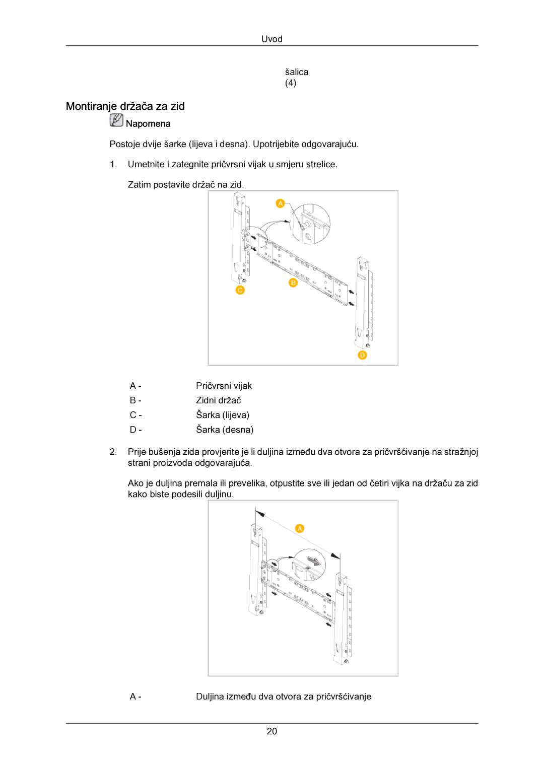 Samsung LH55LBPLBC/EN manual Montiranje držača za zid 