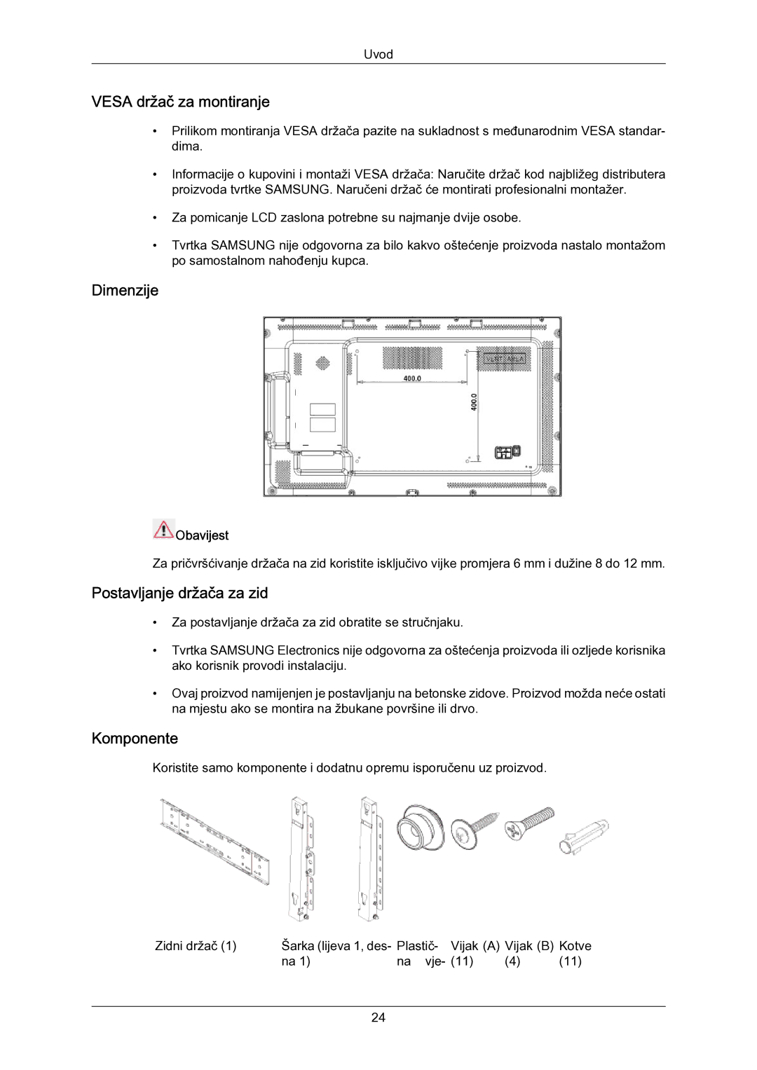 Samsung LH55LBPLBC/EN manual Vesa držač za montiranje 