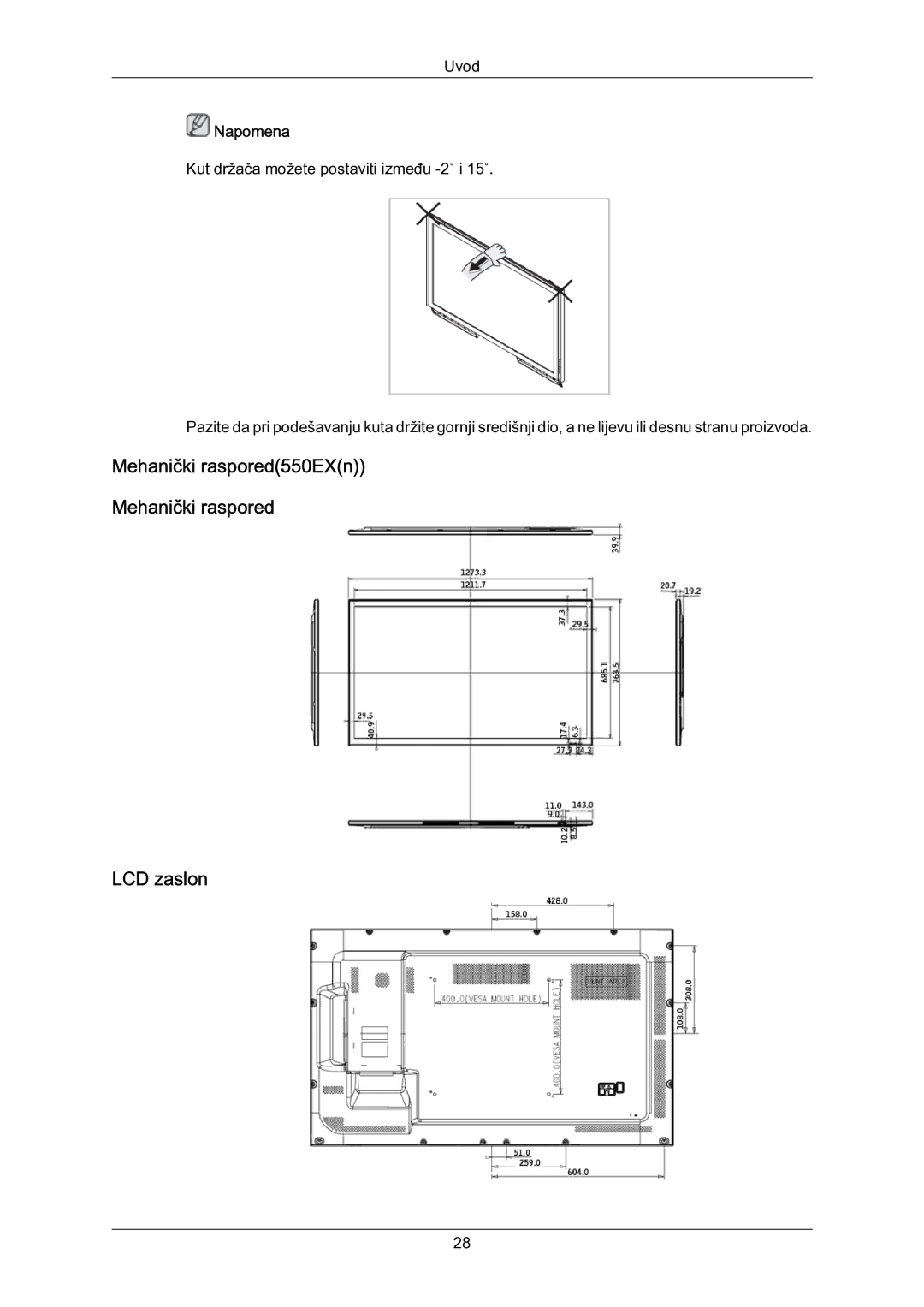 Samsung LH55LBPLBC/EN manual Mehanički raspored550EXn LCD zaslon, Napomena 