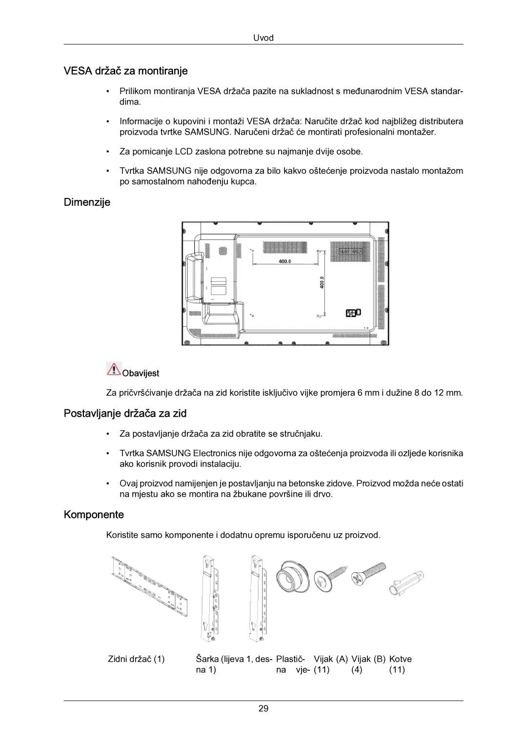 Samsung LH55LBPLBC/EN manual Vesa držač za montiranje 