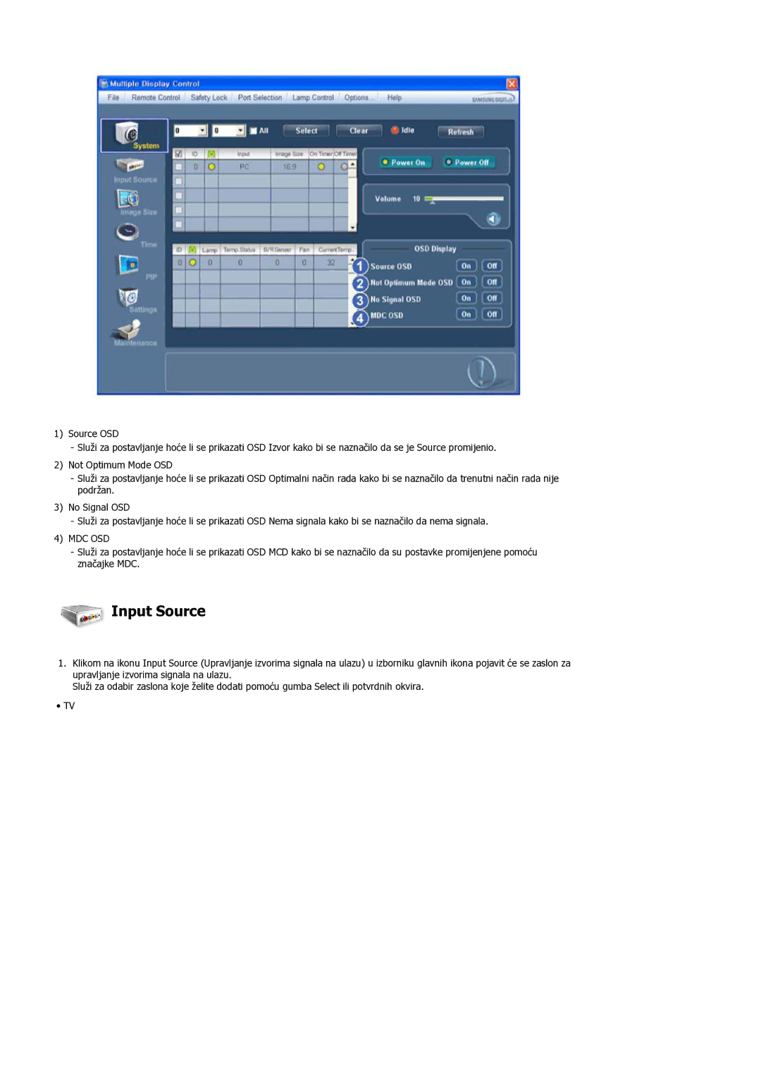 Samsung LH55LBPLBC/EN manual Input Source, Mdc Osd 