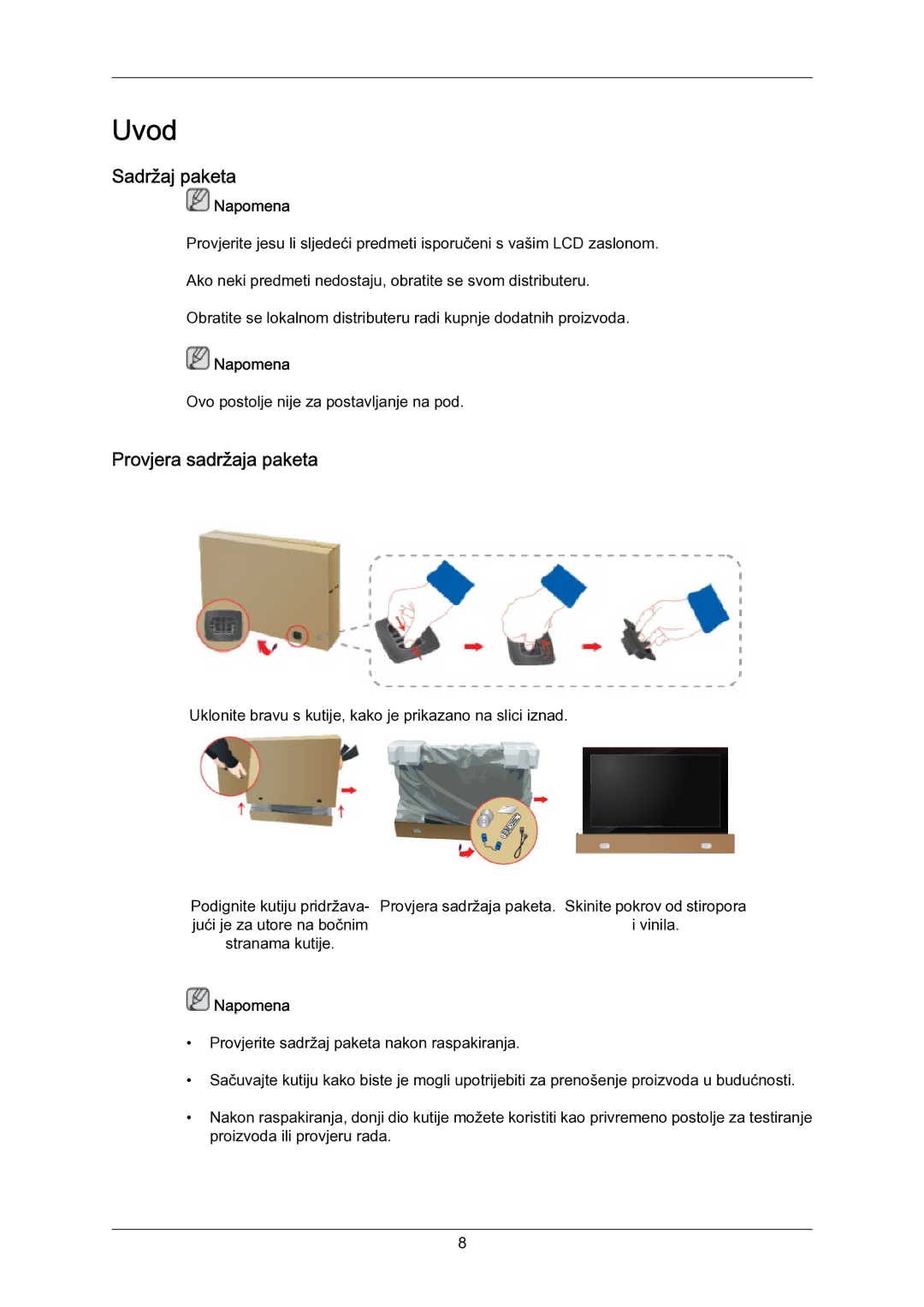 Samsung LH55LBPLBC/EN manual Sadržaj paketa, Provjera sadržaja paketa 