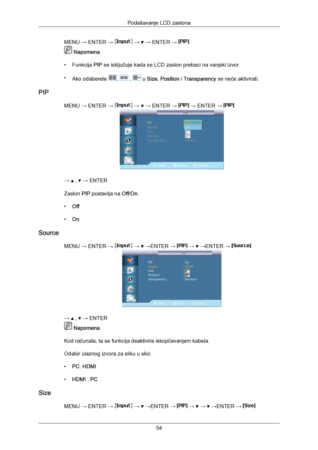 Samsung LH55LBPLBC/EN manual Source, Size, Off 