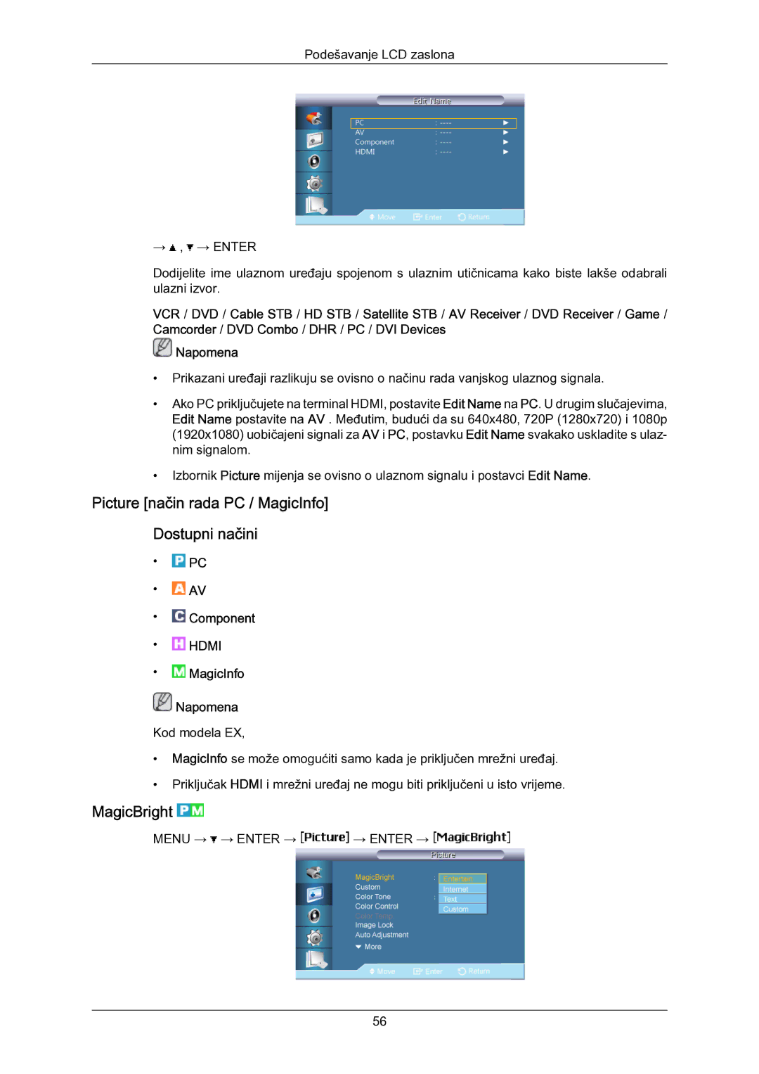 Samsung LH55LBPLBC/EN manual Picture način rada PC / MagicInfo Dostupni načini, MagicBright 