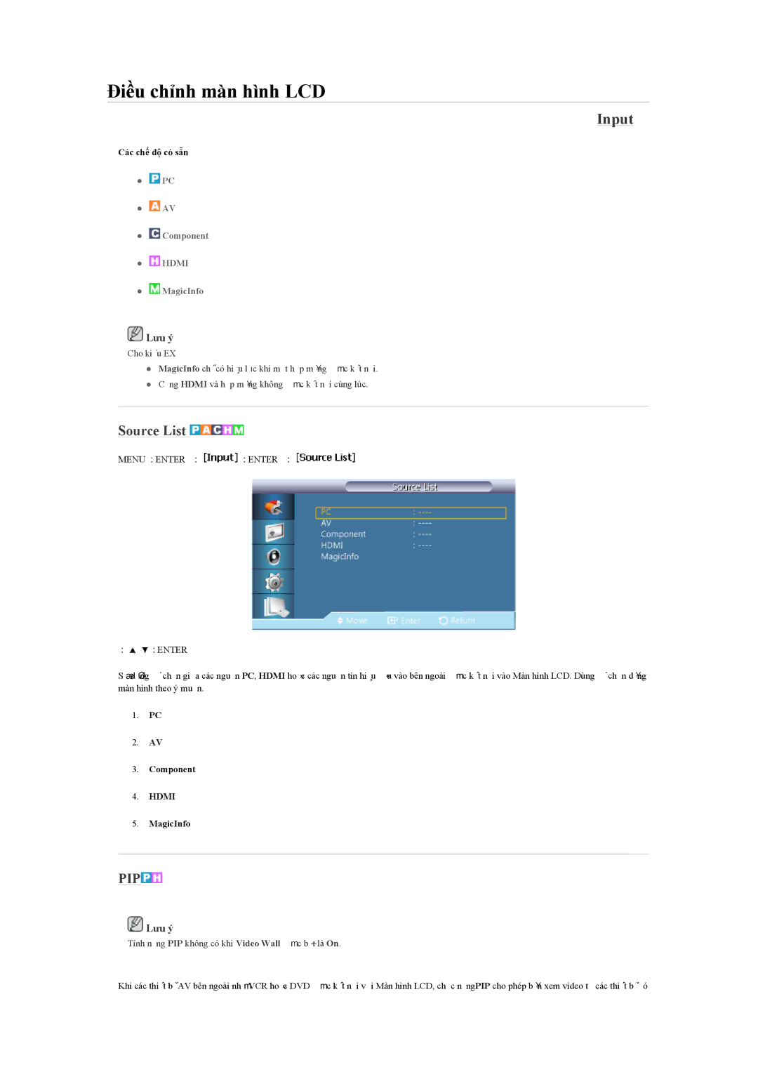 Samsung LH55LBPLBC/XY manual Input, Source List, Các chế độ có sẵn, Component, MagicInfo 