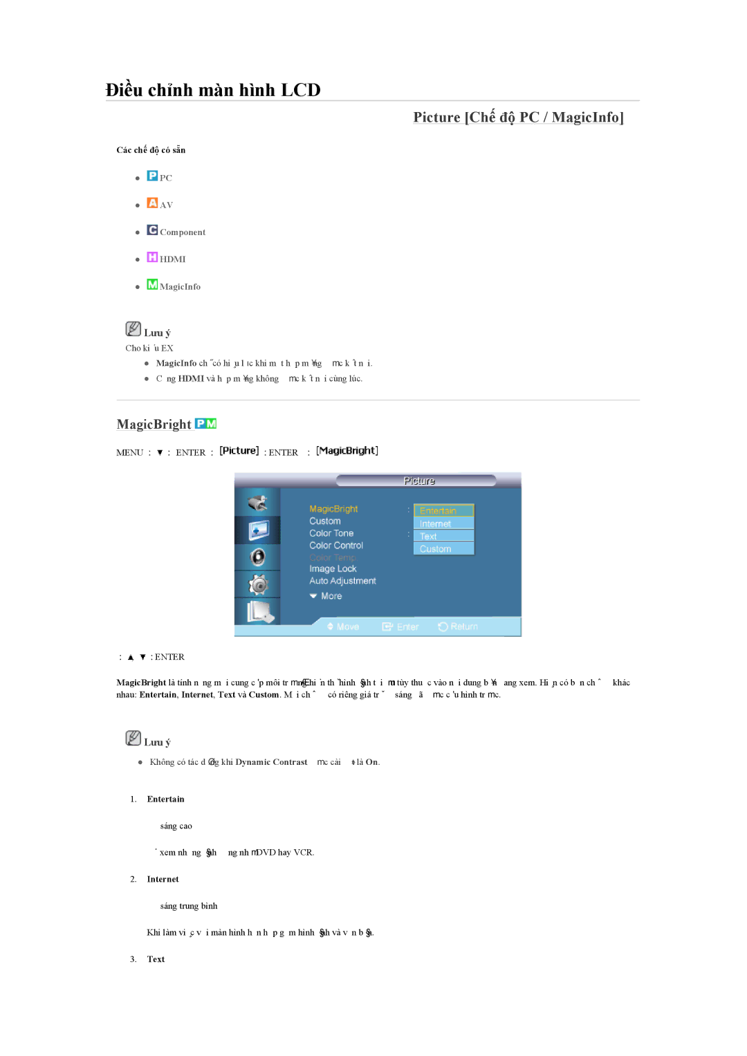 Samsung LH55LBPLBC/XY manual Picture Chế độ PC / MagicInfo, MagicBright, Entertain, Internet, Text 