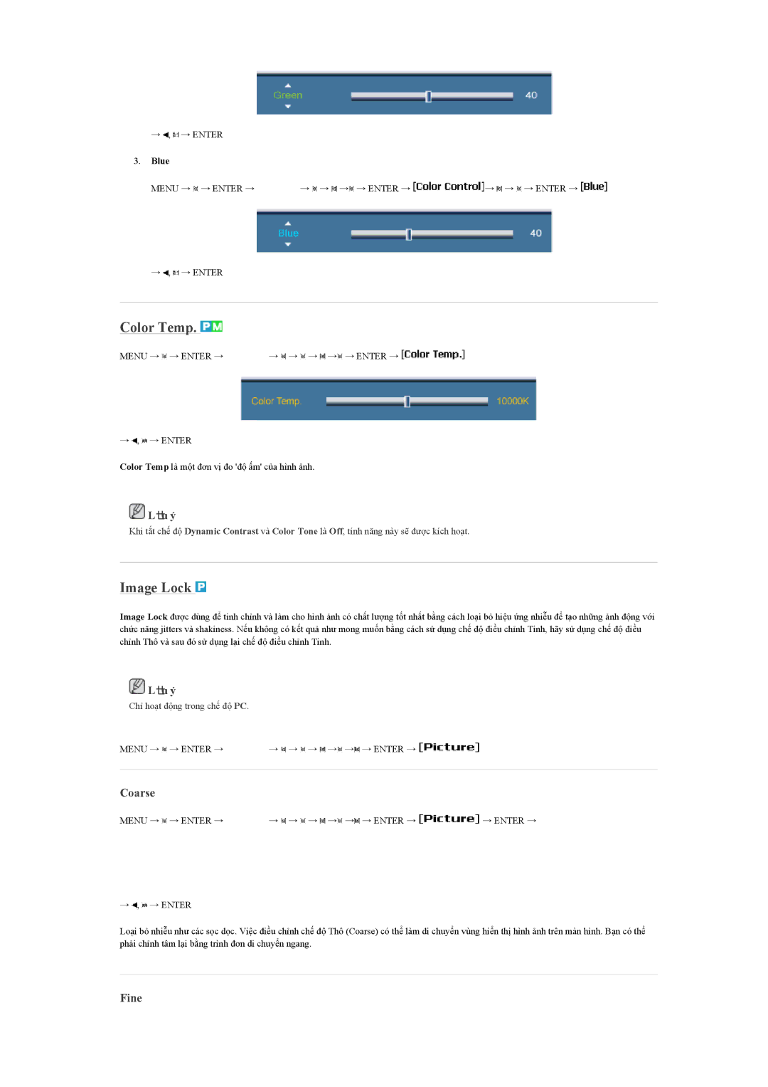 Samsung LH55LBPLBC/XY manual Color Temp, Image Lock, Coarse, Fine, Blue 