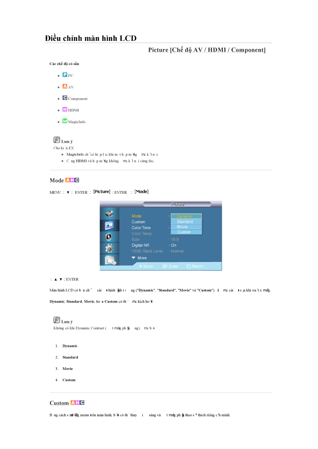 Samsung LH55LBPLBC/XY manual Picture Chế độ AV / Hdmi / Component, Mode, Dynamic Standard Movie Custom 