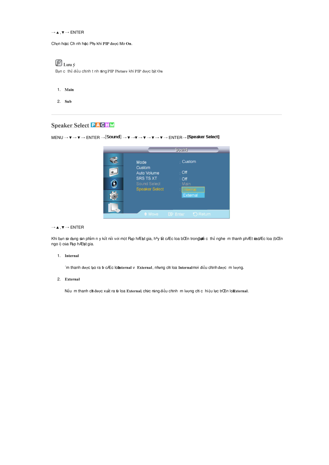 Samsung LH55LBPLBC/XY manual Speaker Select, Main Sub, Internal, External 