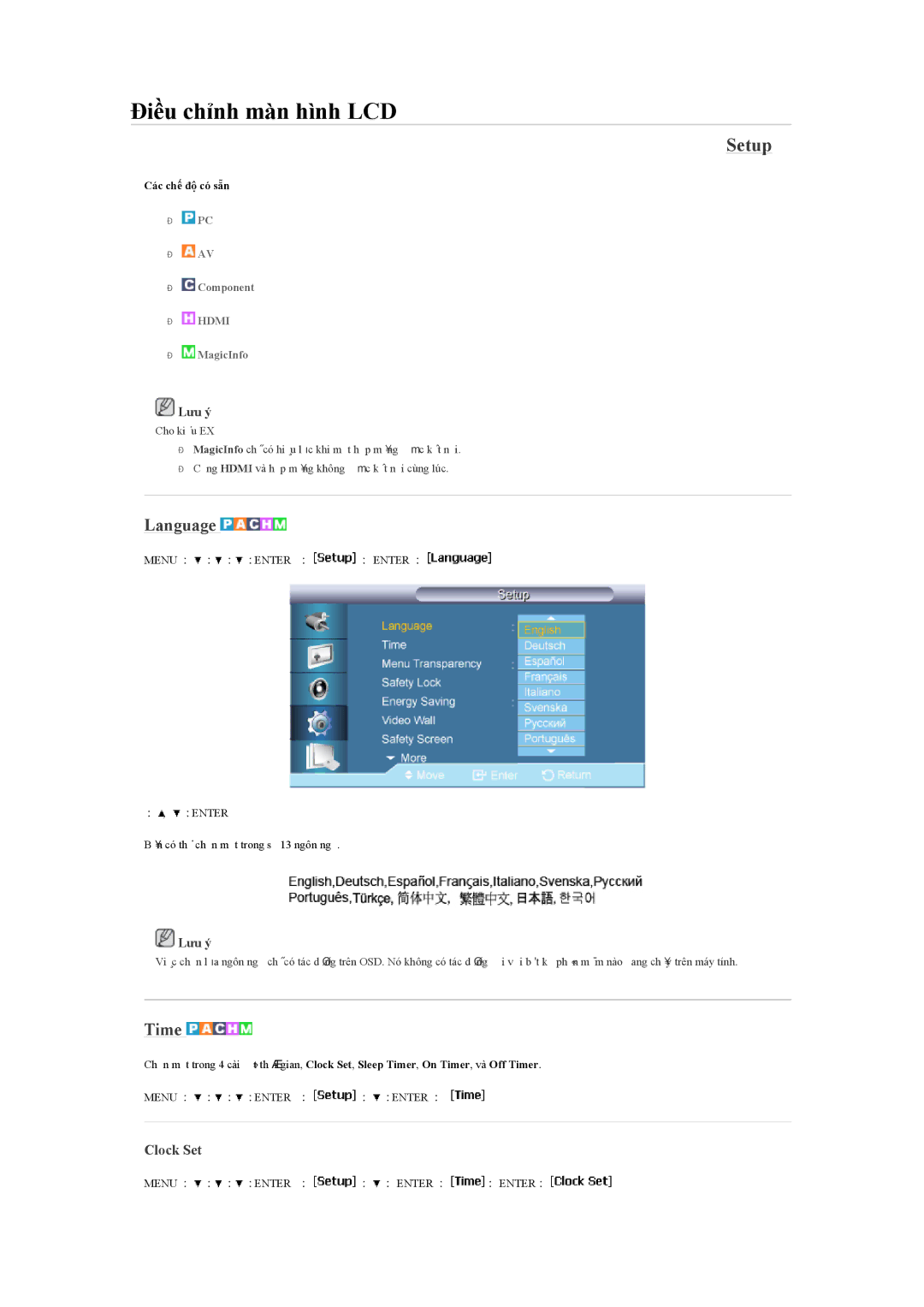 Samsung LH55LBPLBC/XY manual Setup, Language, Time, Clock Set 