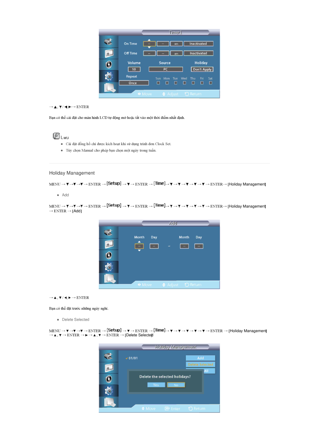 Samsung LH55LBPLBC/XY manual Holiday Management, Add 