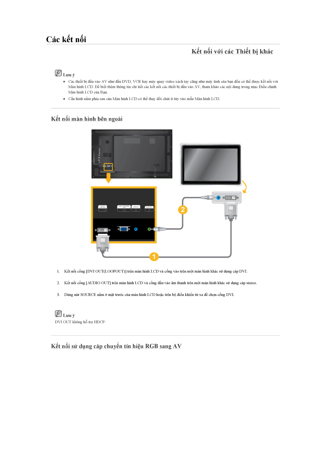 Samsung LH55LBPLBC/XY manual Kết nối với các Thiết bị khác, Kết nối màn hình bên ngoài 