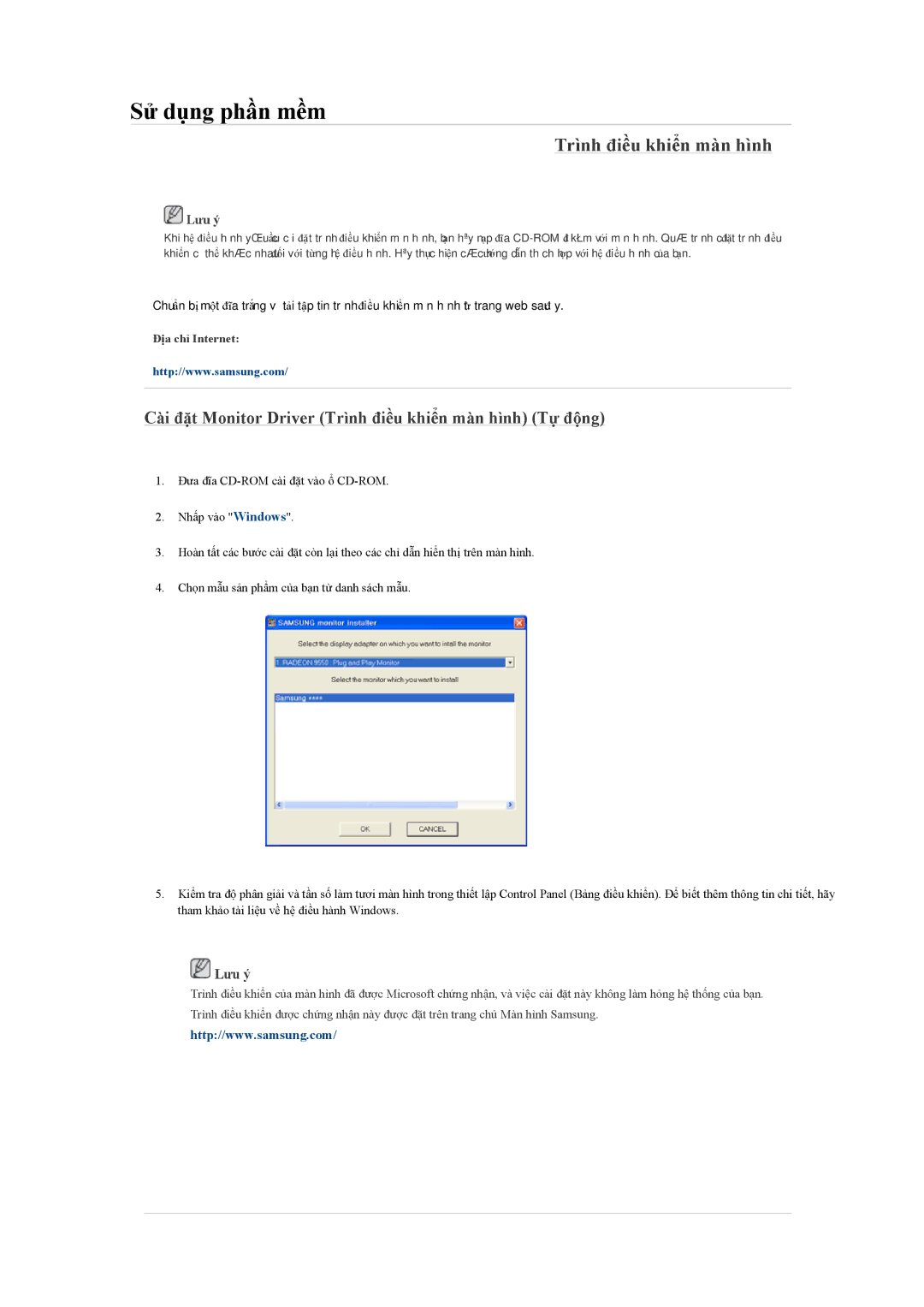 Samsung LH55LBPLBC/XY manual Cài đặt Monitor Driver Trình điều khiển màn hình Tự động, Lưu ý, Địa chỉ Internet 