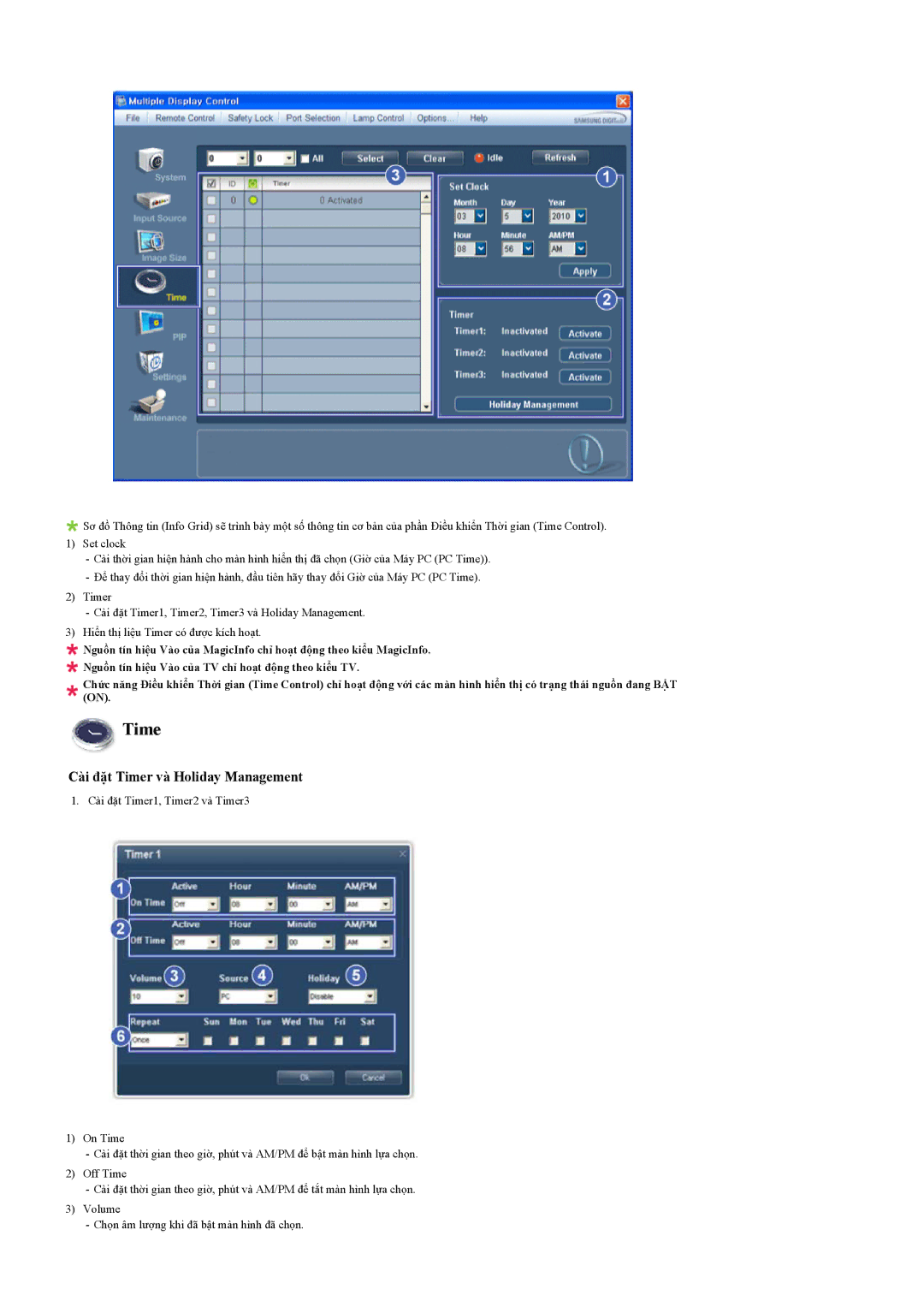 Samsung LH55LBPLBC/XY manual Cài đặt Timer và Holiday Management 