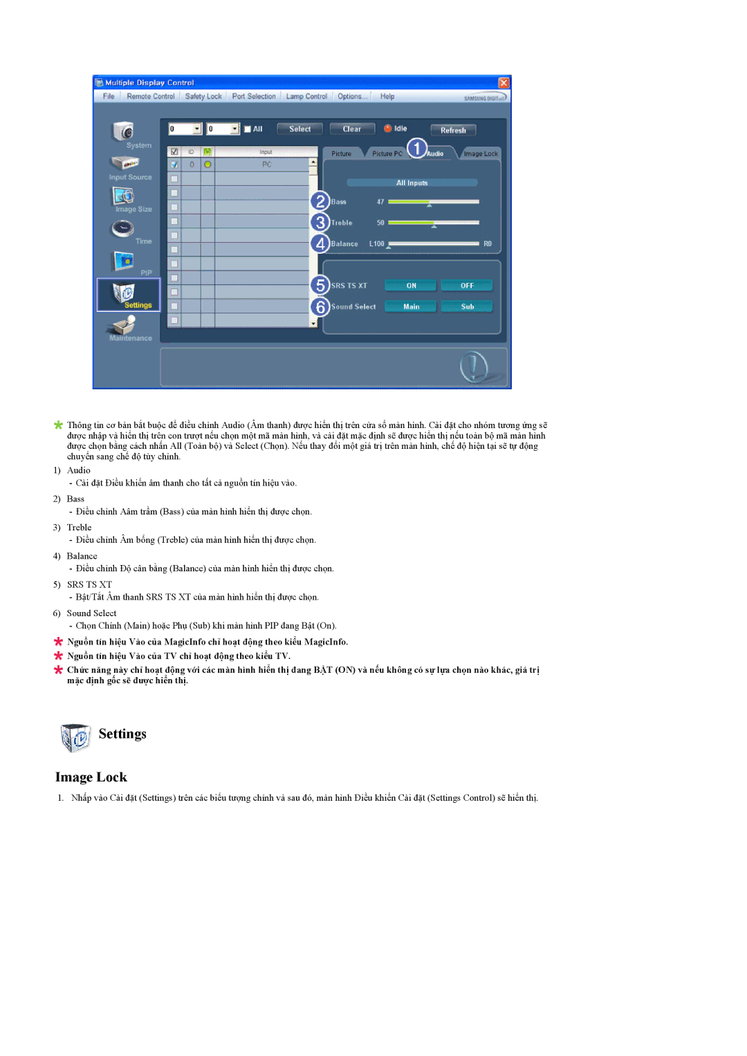 Samsung LH55LBPLBC/XY manual Settings Image Lock, Srs Ts Xt 