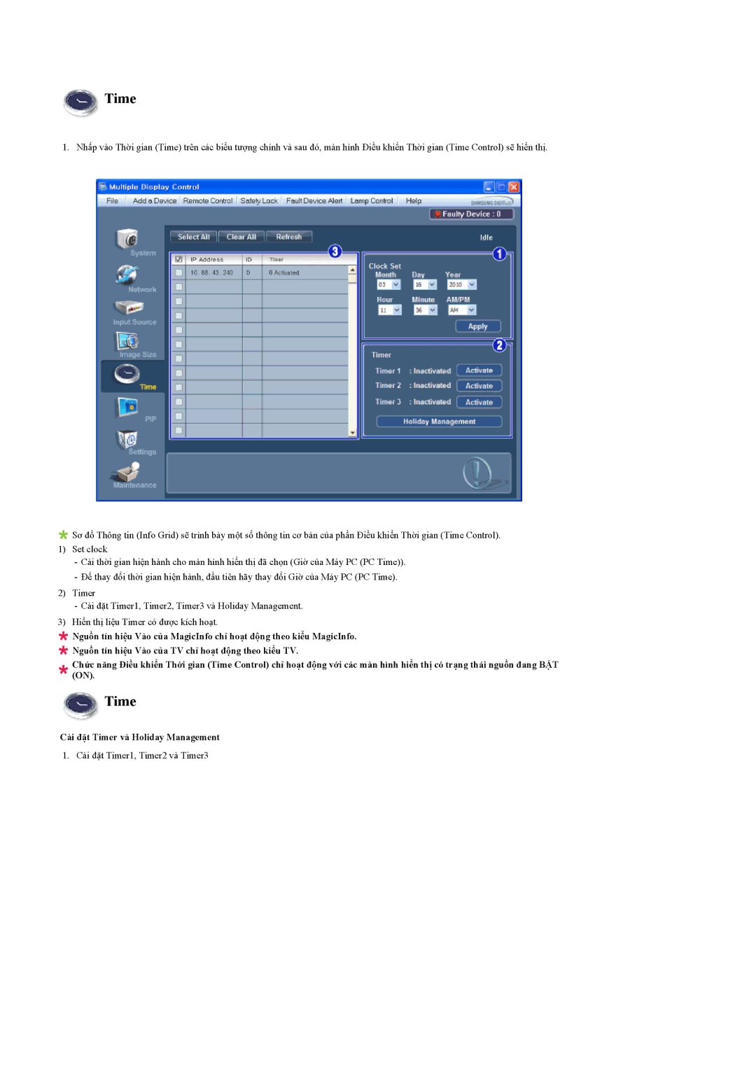 Samsung LH55LBPLBC/XY manual Cài đặt Timer và Holiday Management 