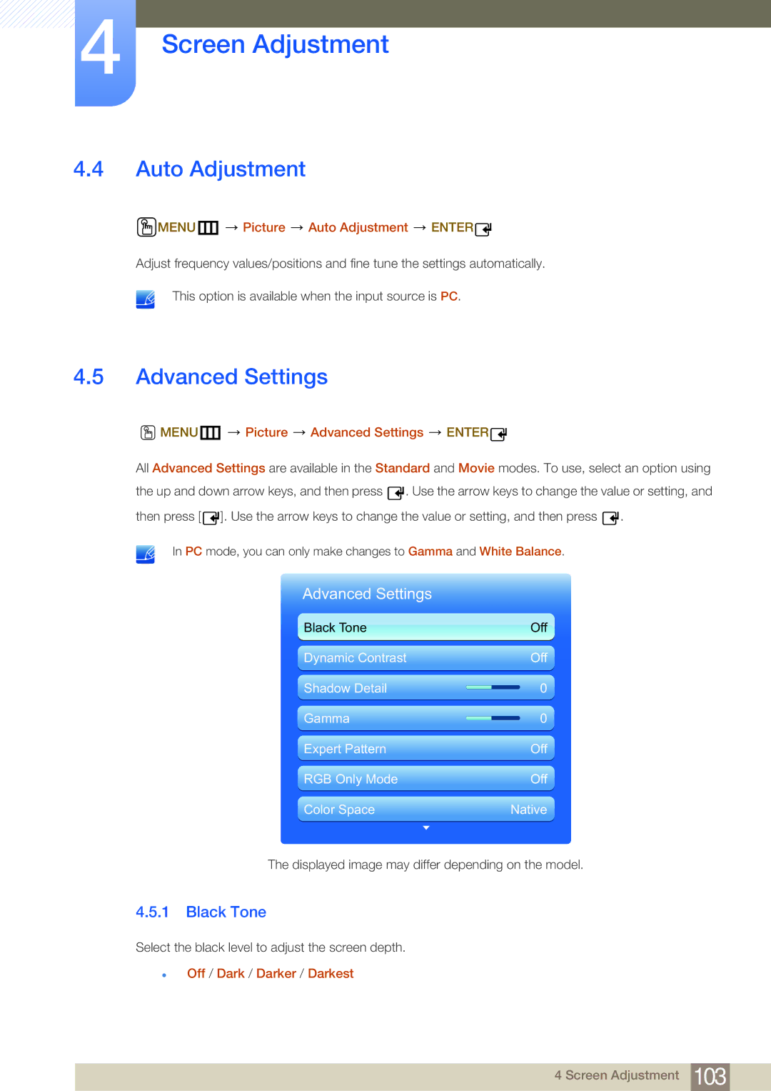 Samsung LH46MDBPLGC/XY, LH55MDBPLGC/EN, LH40MDBPLGC/EN, LH46MDBPLGC/EN manual Auto Adjustment, Advanced Settings, Black Tone 