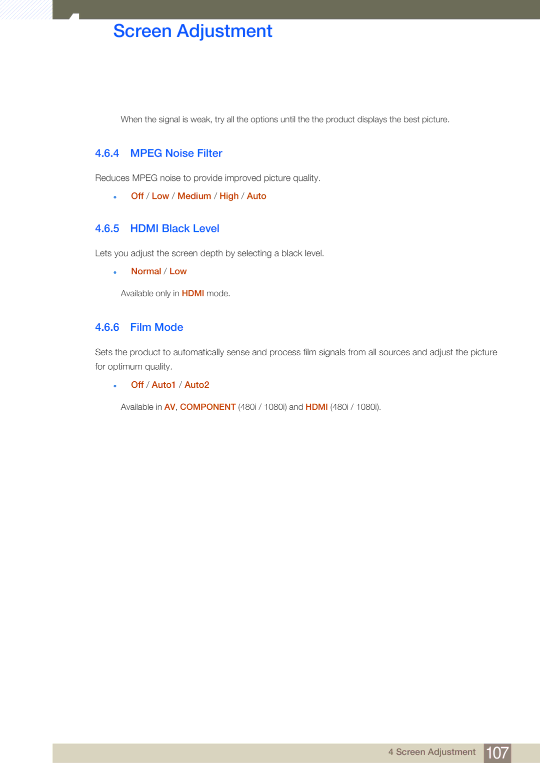 Samsung LH32MDBPLGC/EN manual Mpeg Noise Filter, Hdmi Black Level, Film Mode,  Normal / Low,  Off / Auto1 / Auto2 