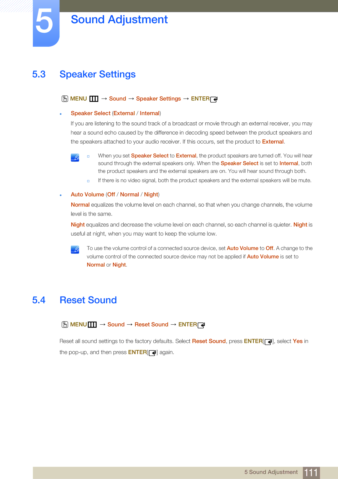 Samsung LH32MDBPLGC/NG manual Speaker Settings,  Auto Volume Off / Normal / Night, MENUm Sound Reset Sound Enter 