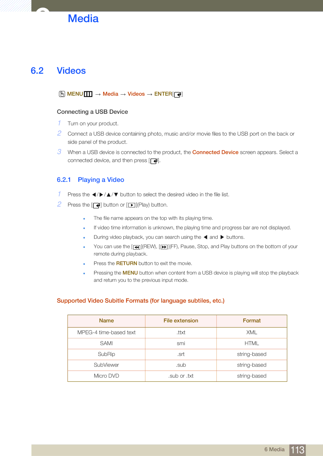 Samsung LH55MDBPLGC/XY, LH55MDBPLGC/EN Videos, Playing a Video, Supported Video Subitle Formats for language subtiles, etc 