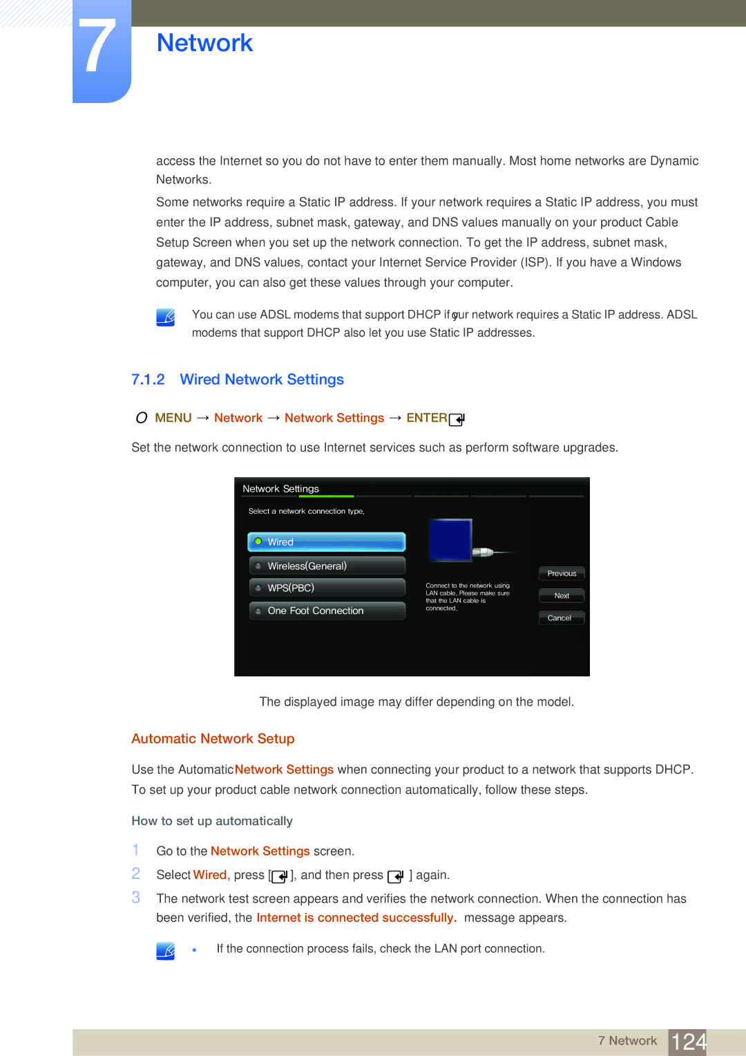 Samsung LH32MDBPLGC/NG manual Wired Network Settings, Automatic Network Setup, Menu Network Network Settings Enter 