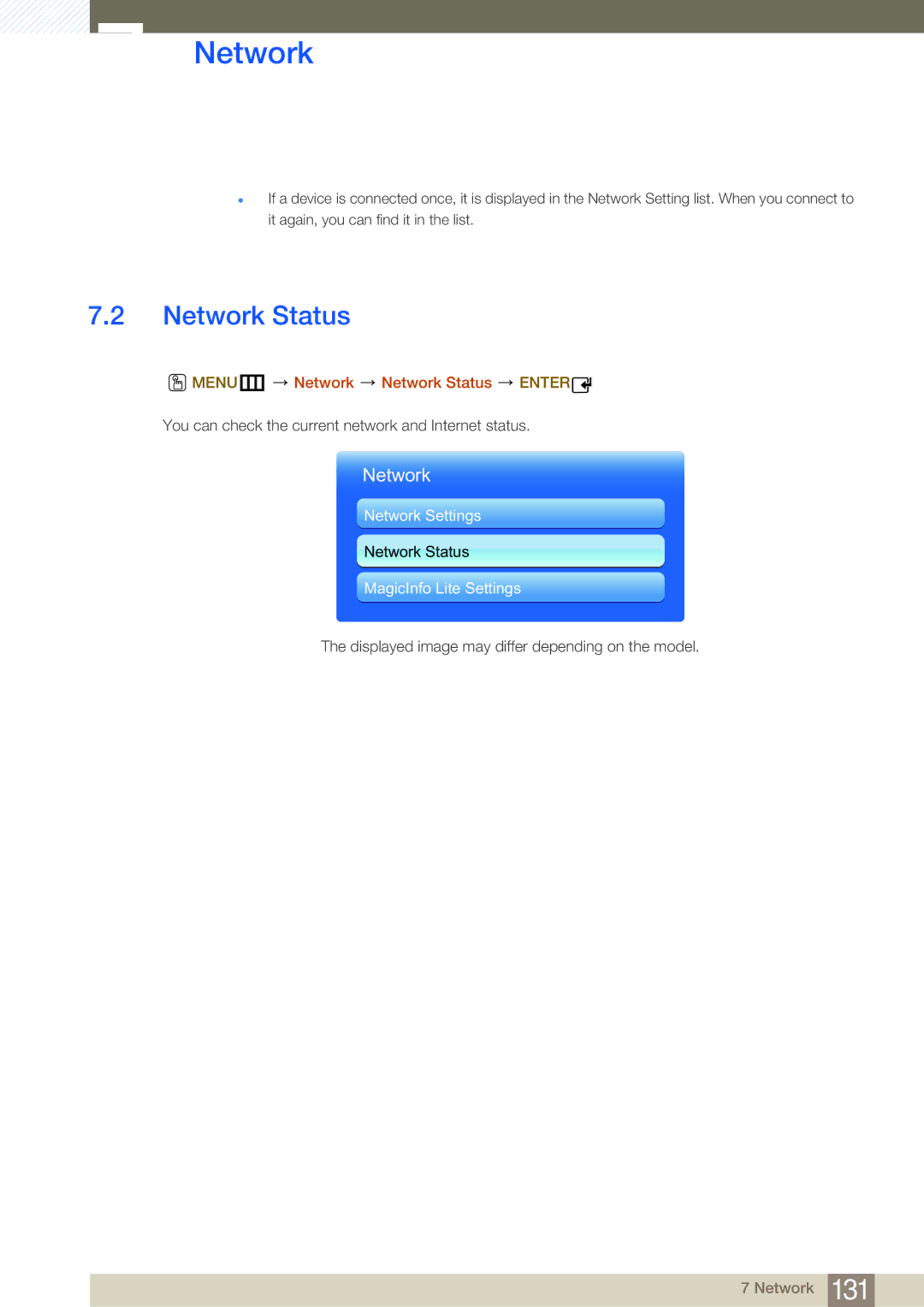 Samsung LH40MDBPLGC/EN, LH55MDBPLGC/EN, LH46MDBPLGC/EN, LH32MDBPLGC/EN, LH46MDBPLGC/NG MENUm Network Network Status Enter 