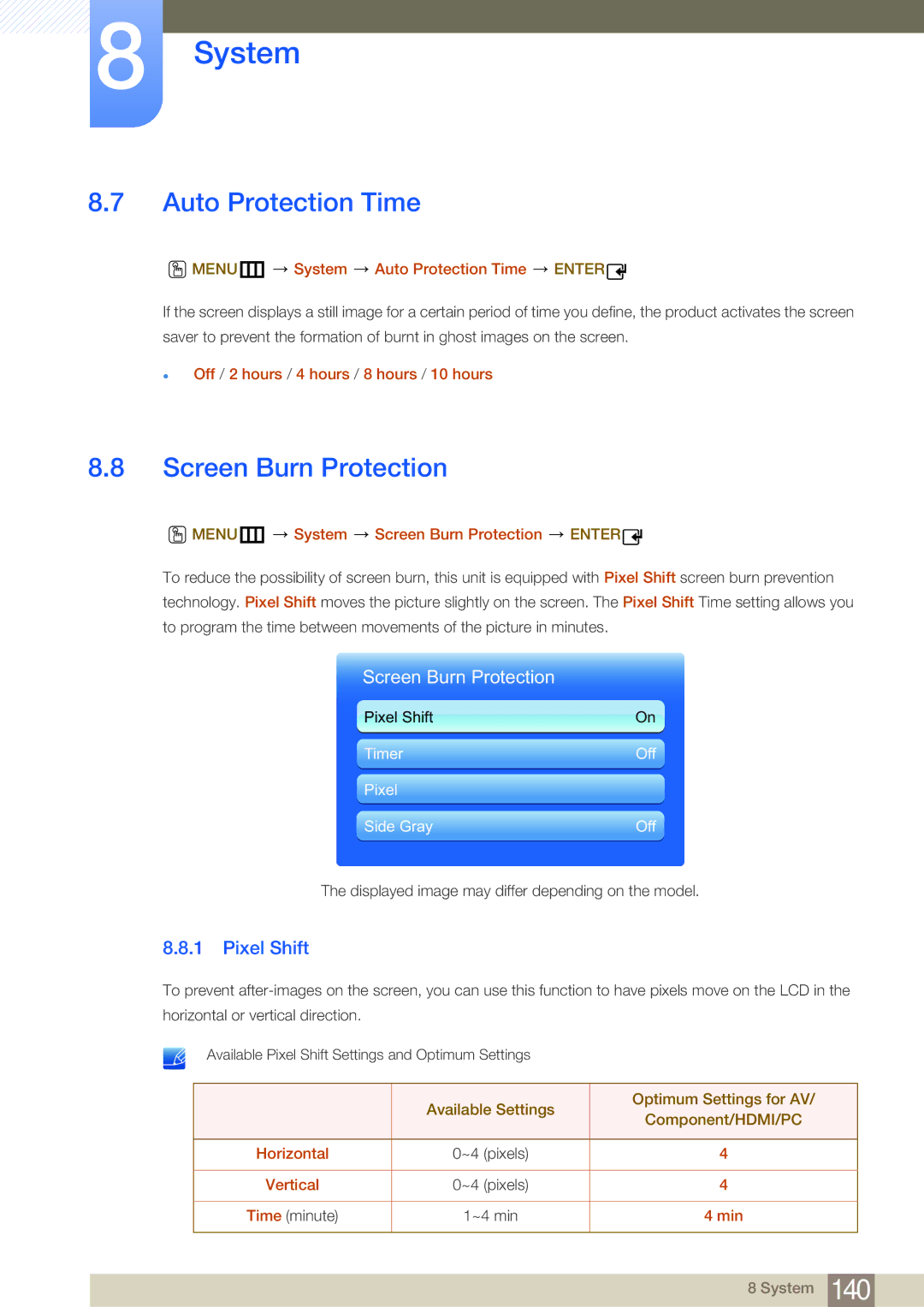 Samsung LH40MDBPLGC/XS, LH55MDBPLGC/EN, LH40MDBPLGC/EN manual Auto Protection Time, Screen Burn Protection, Pixel Shift 