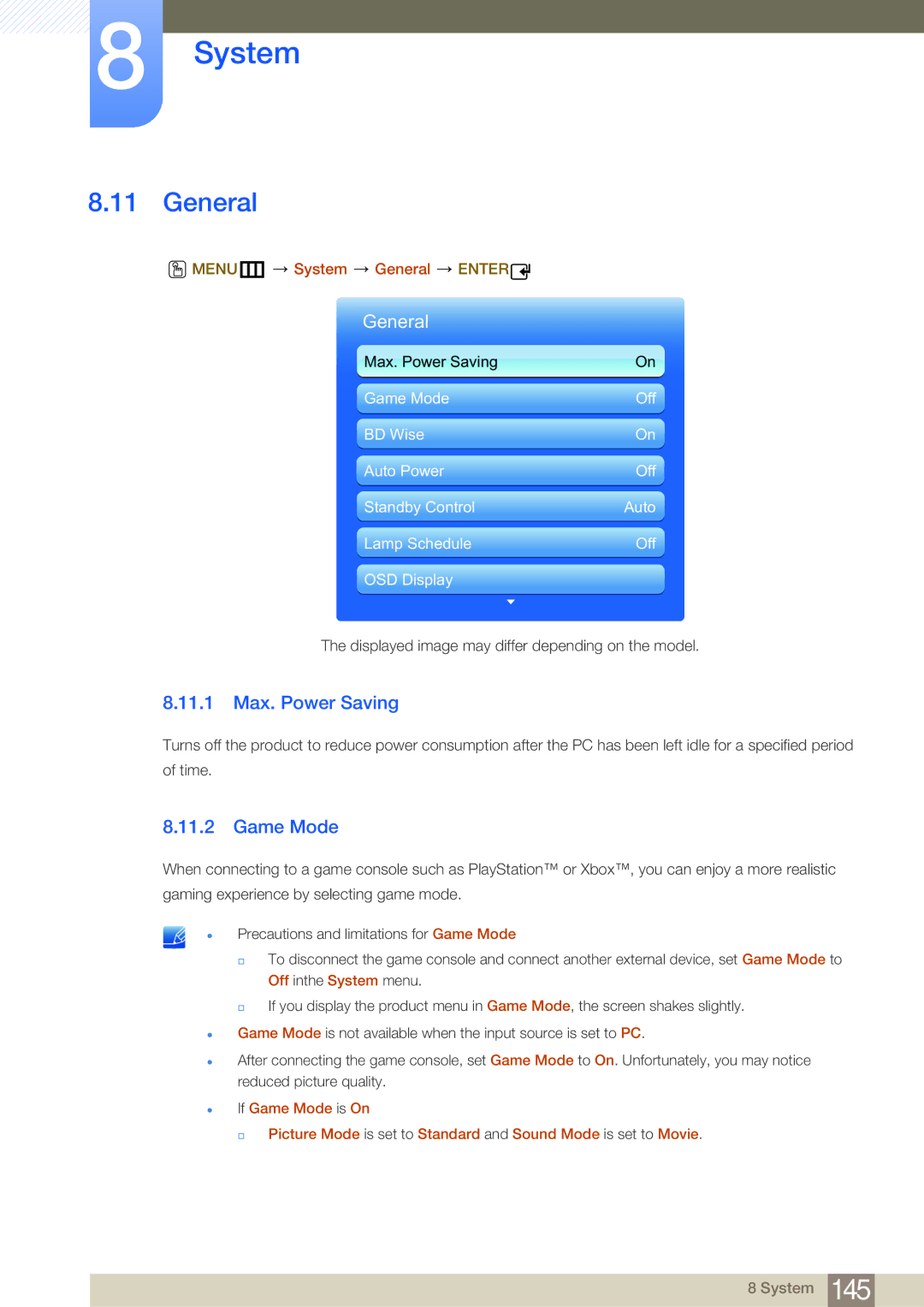 Samsung LH46MDBPLGC/EN, LH55MDBPLGC/EN, LH40MDBPLGC/EN 11.1 Max. Power Saving, Game Mode, MENUm System General Enter 