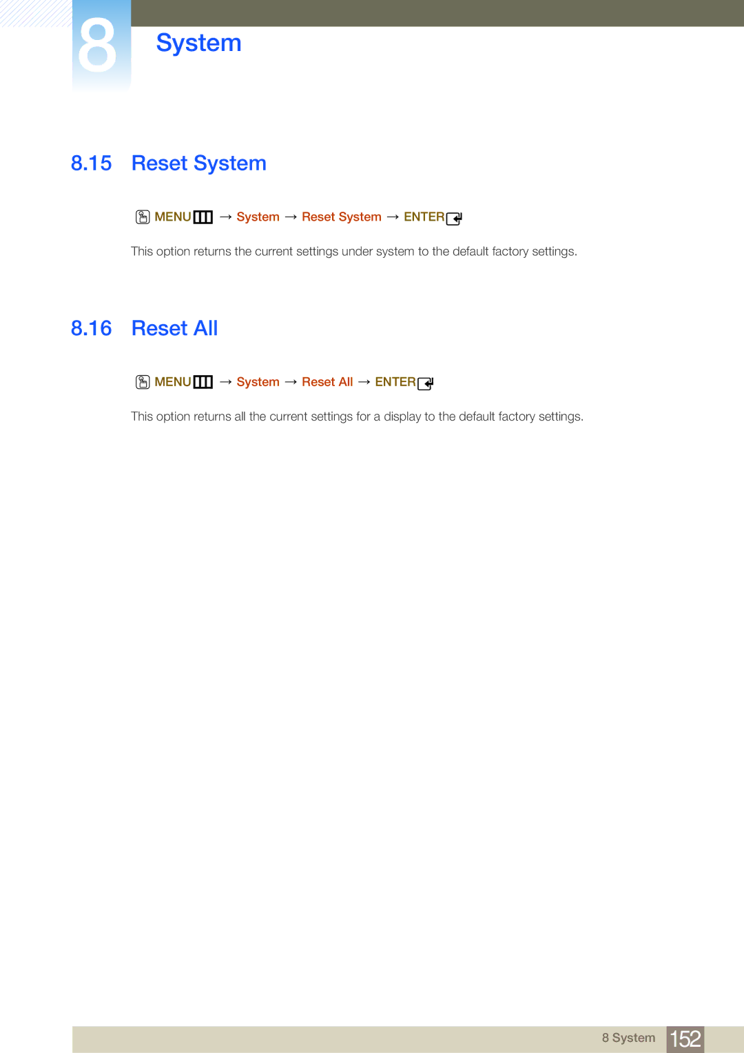 Samsung LH55MDBPLGC/XY, LH55MDBPLGC/EN manual MENUm System Reset System Enter, MENUm System Reset All Enter 