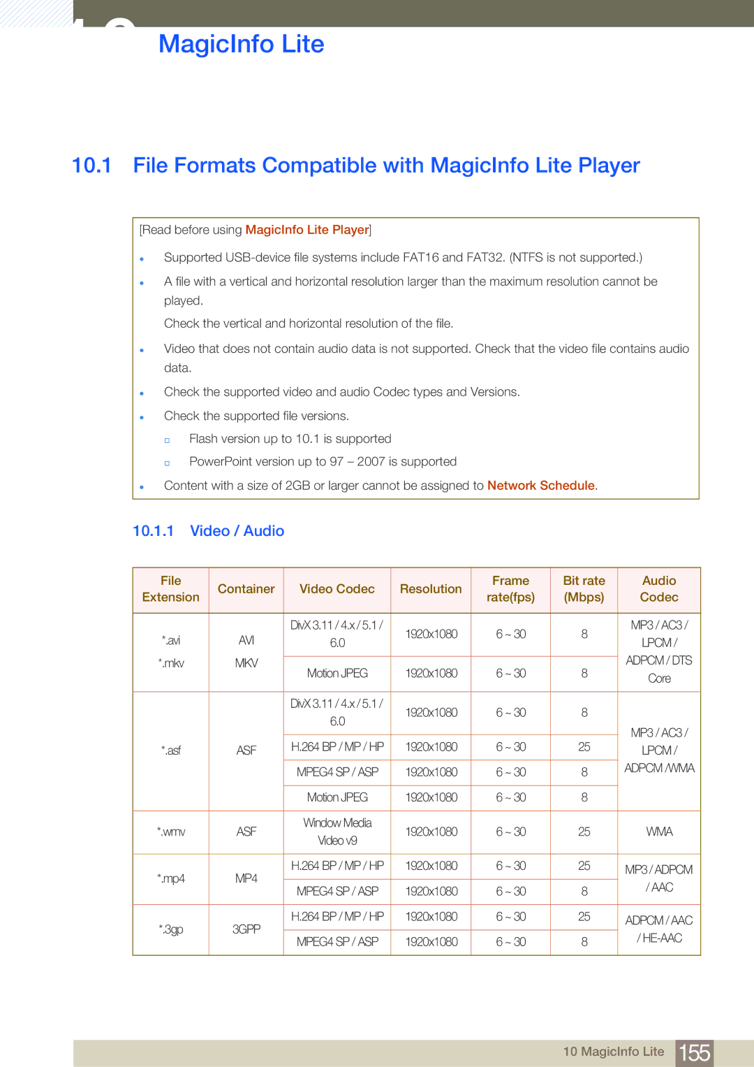 Samsung LH46MDBPLGC/XY, LH55MDBPLGC/EN manual File Formats Compatible with MagicInfo Lite Player, Video / Audio 