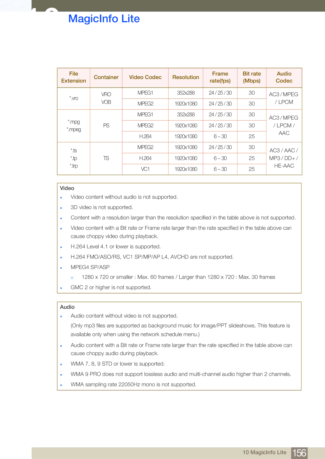 Samsung LH55MDBPLGC/EN, LH40MDBPLGC/EN, LH46MDBPLGC/EN, LH32MDBPLGC/EN, LH46MDBPLGC/NG, LH55MDBPLGC/NG manual  MPEG4 SP/ASP 