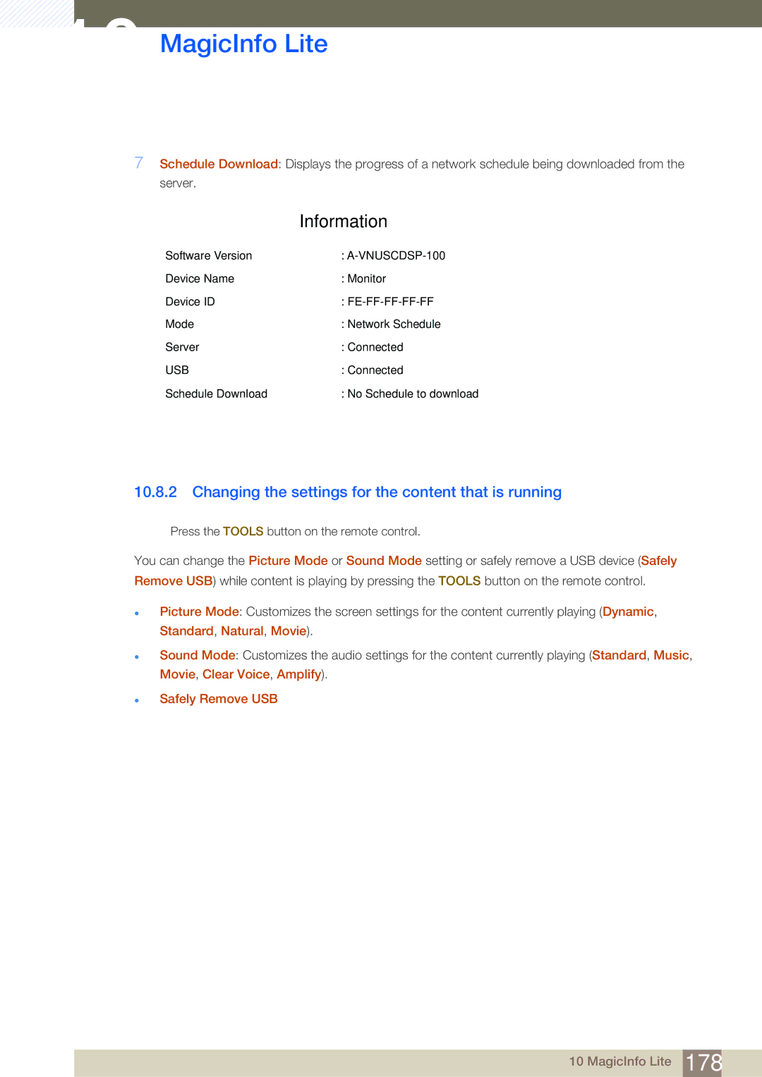 Samsung LH55MDBPLGC/XY, LH55MDBPLGC/EN, LH40MDBPLGC/EN Information, Changing the settings for the content that is running 