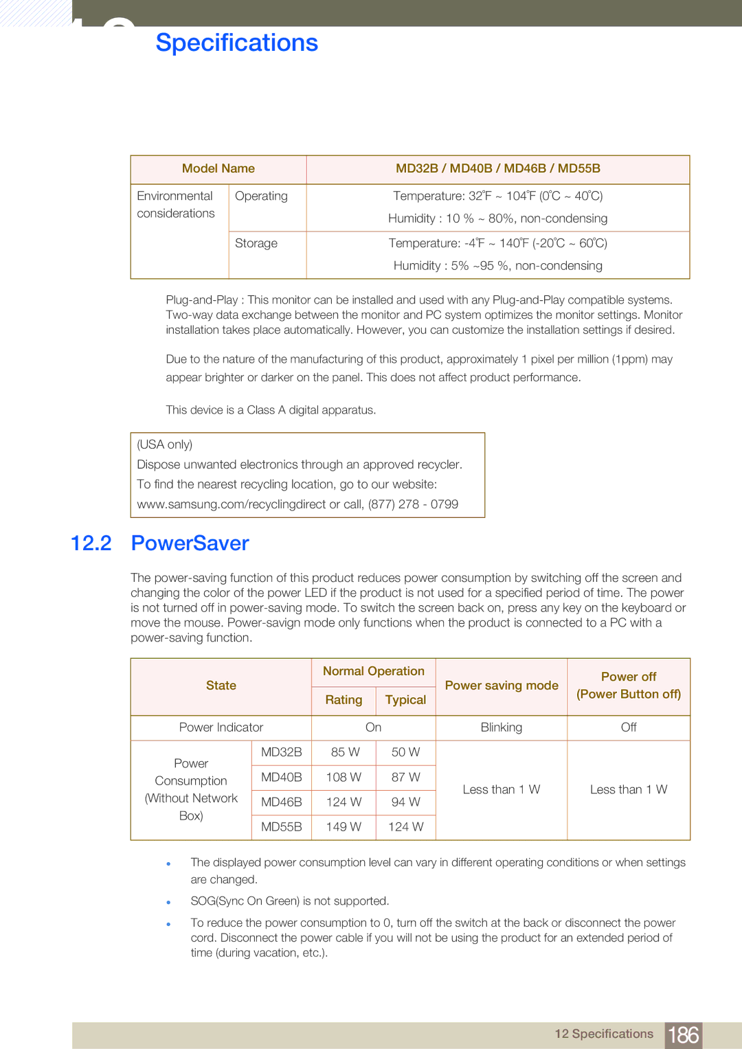 Samsung LH46MDBPLGC/NG, LH55MDBPLGC/EN, LH40MDBPLGC/EN, LH46MDBPLGC/EN manual PowerSaver, Humidity 5% ~95 %, non-condensing 