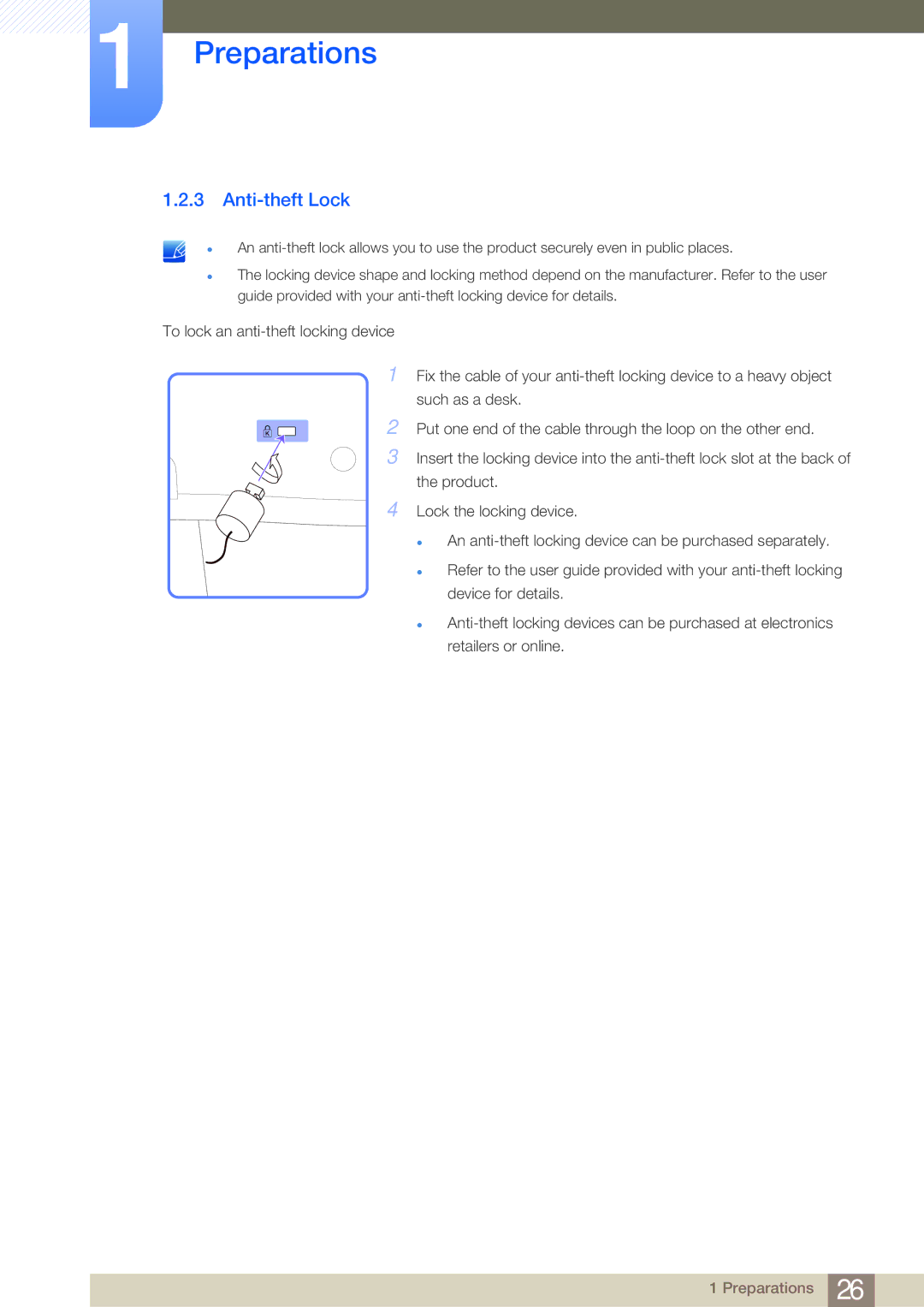 Samsung LH55MDBPLGC/EN, LH40MDBPLGC/EN, LH46MDBPLGC/EN, LH32MDBPLGC/EN, LH46MDBPLGC/NG, LH55MDBPLGC/NG manual Anti-theft Lock 