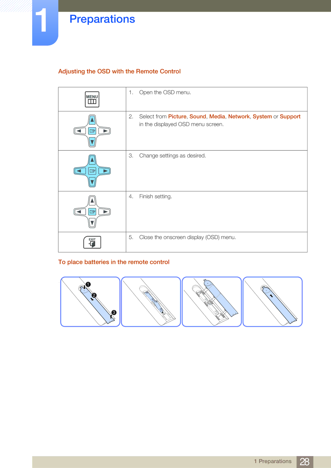 Samsung LH46MDBPLGC/EN, LH55MDBPLGC/EN Adjusting the OSD with the Remote Control, To place batteries in the remote control 