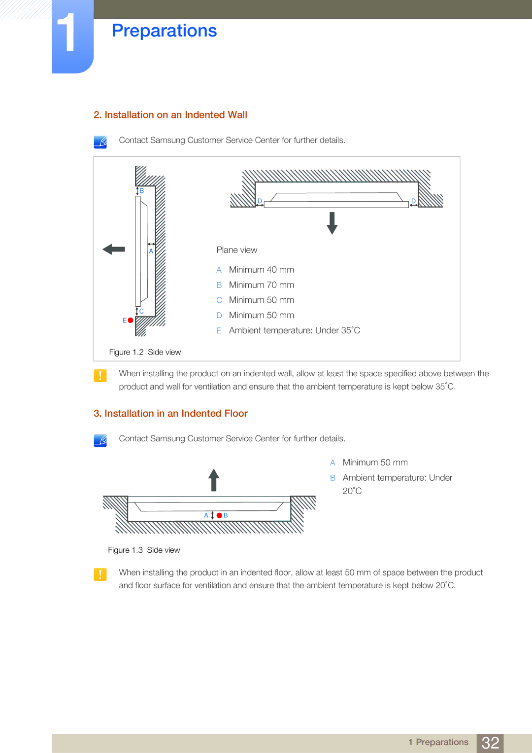 Samsung LH40MDBPLGC/NG, LH55MDBPLGC/EN, LH40MDBPLGC/EN Installation on an Indented Wall, Installation in an Indented Floor 