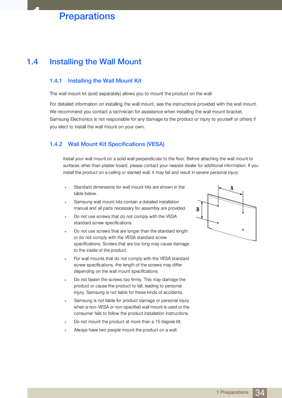 Samsung LH40MDBPLGC/XY, LH55MDBPLGC/EN manual Installing the Wall Mount Kit, Wall Mount Kit Specifications Vesa 