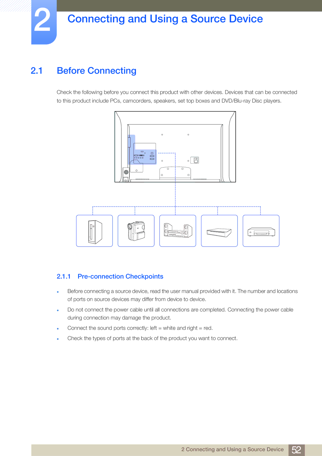 Samsung LH55MDBPLGC/EN, LH40MDBPLGC/EN Connecting and Using a Source Device, Before Connecting, Pre-connection Checkpoints 